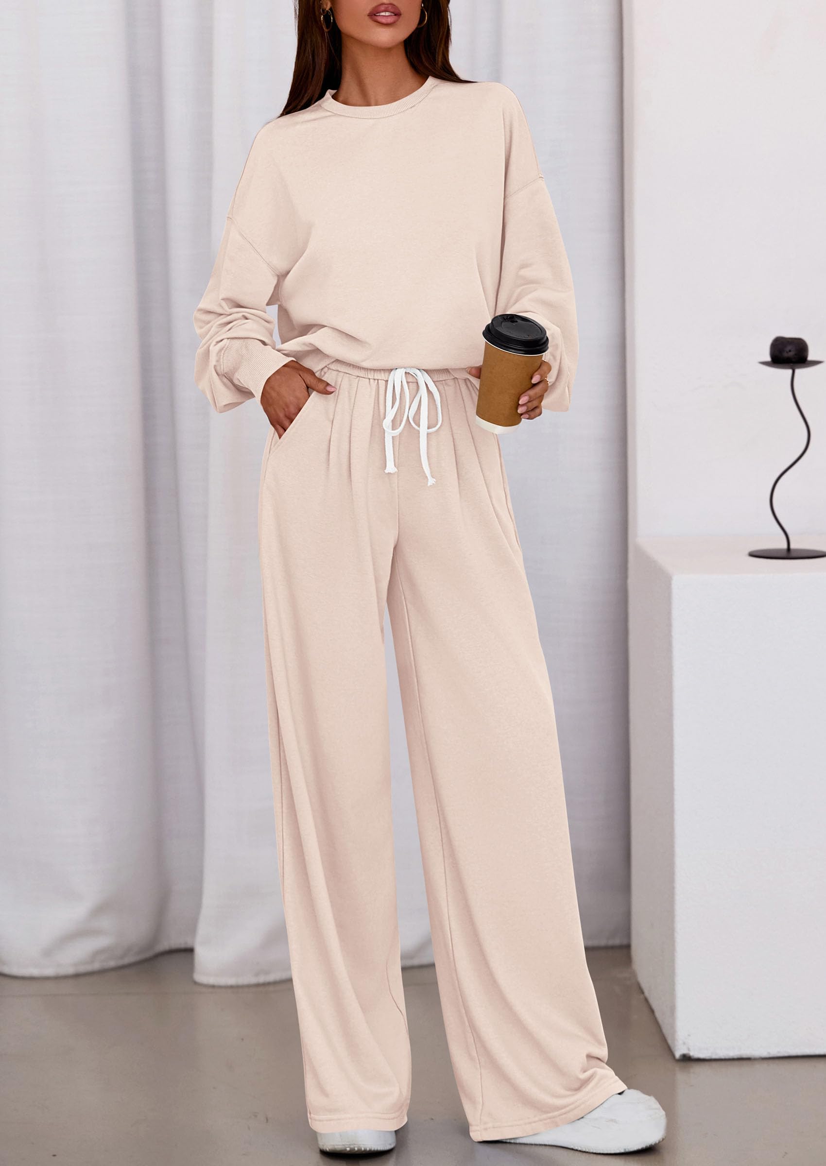 Womens 2 Piece Sets Long Sleeve Sweatshirt Wide Leg Pants Loose Matching Lounge Set Trendy Fall Outfits