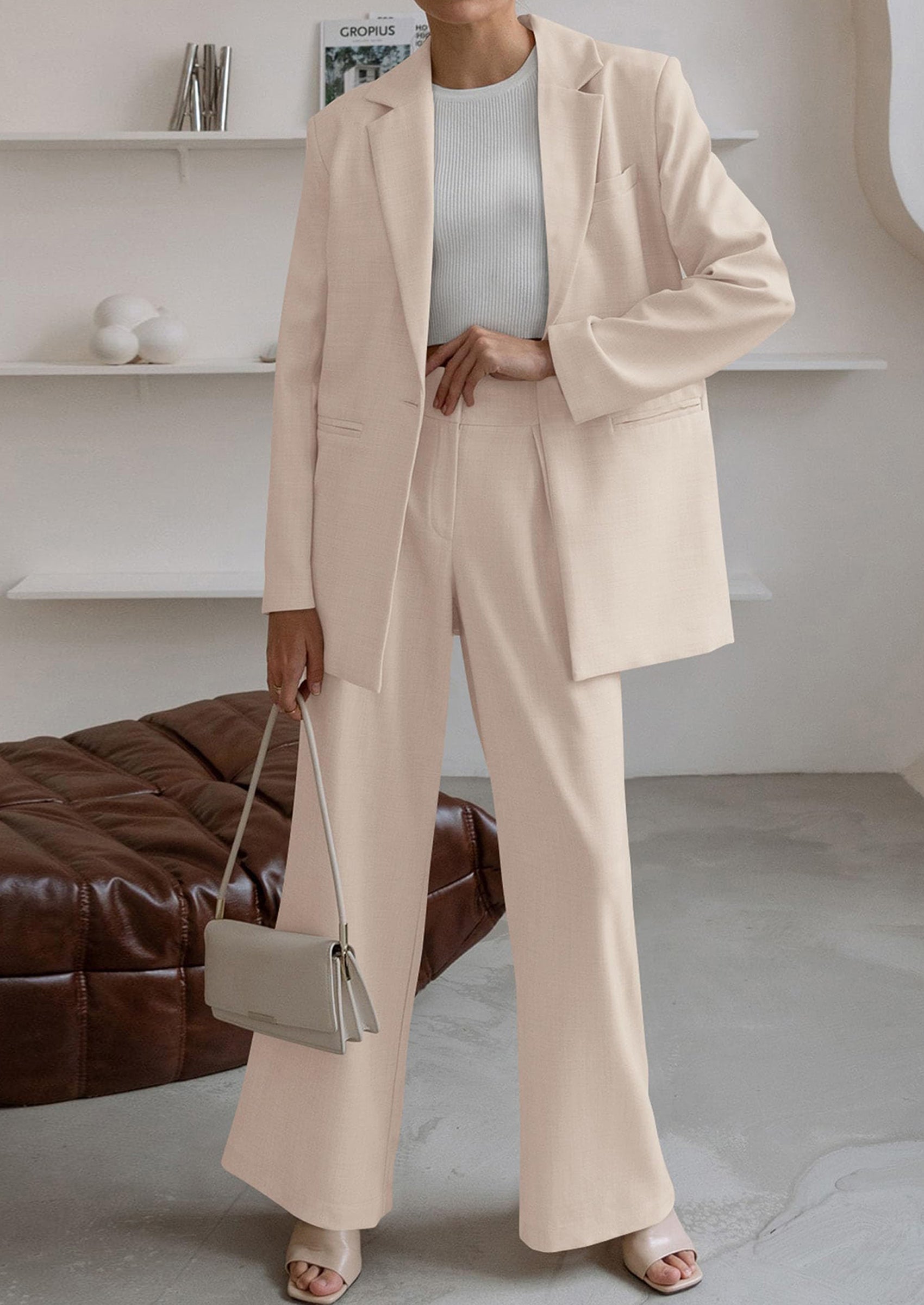 Women's Fall Two Piece Outfits Dressy Blazer Jacket and Wide Leg Pants Pockets Business Casual Office Suit Sets