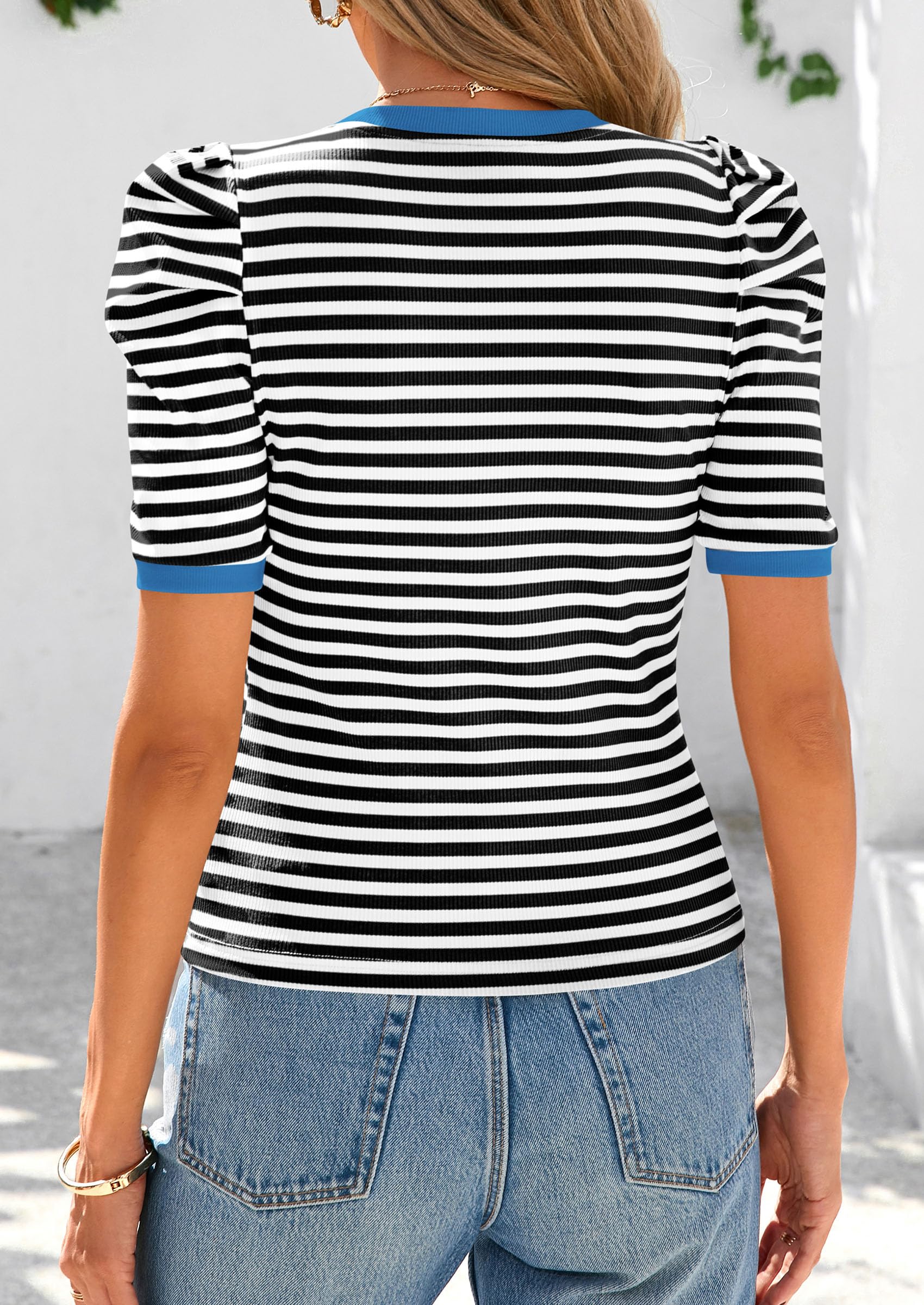 Women's Summer Puff Sleeve Tops Casual Ribbed Knit Crop Top Color Block Trendy Crewneck Striped Shirts