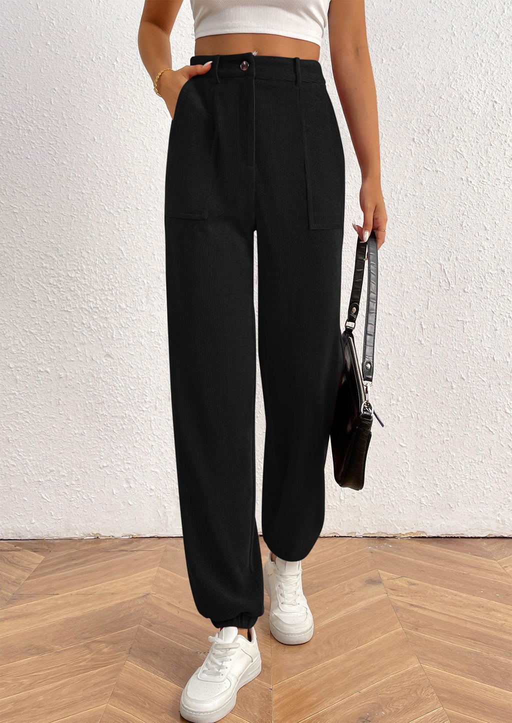 Women's Pants Dressy Casual Fall Elastic High Waisted Work Office Corduroy Trouser Slacks with Pockets