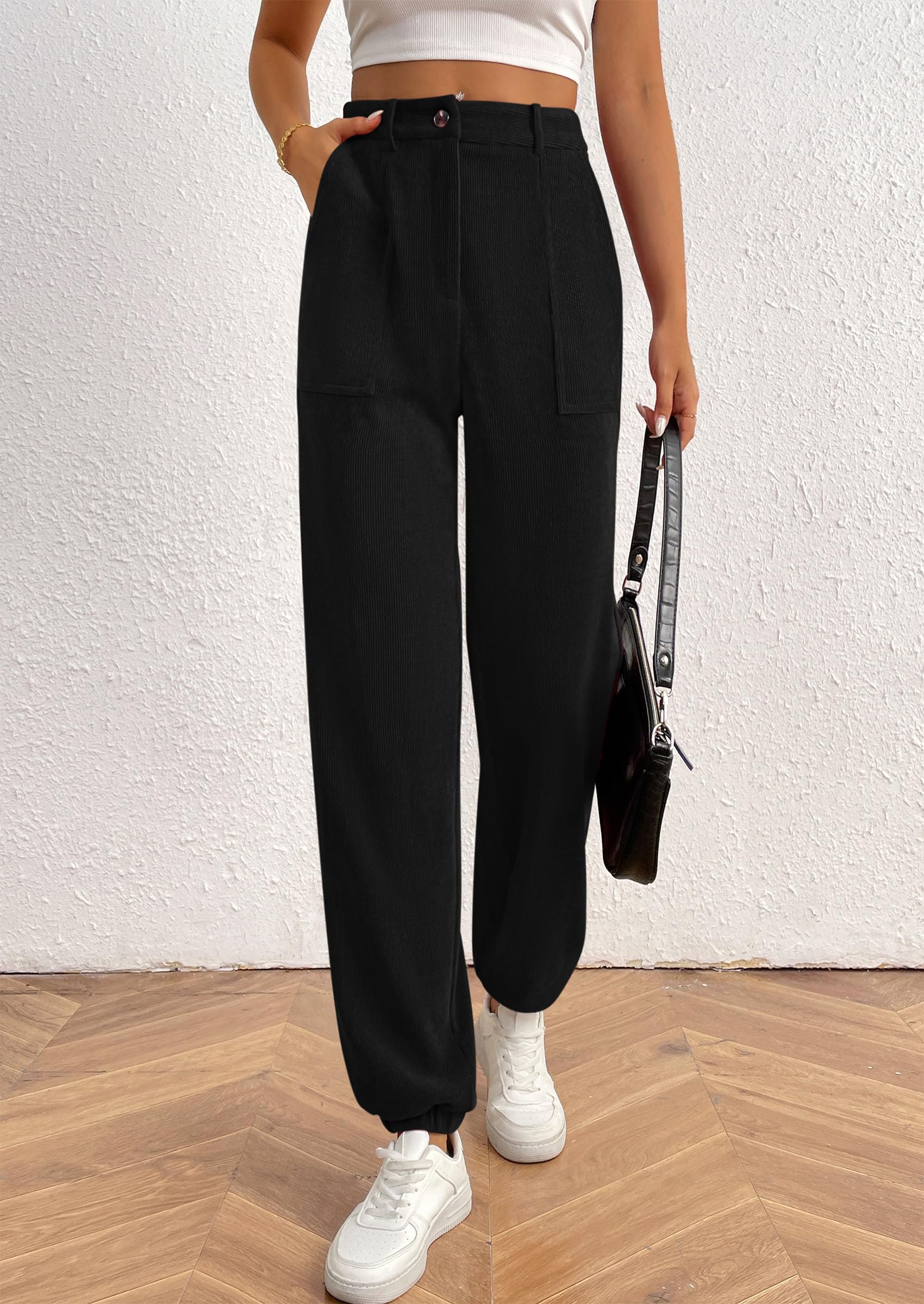 Women's Pants Dressy Casual Fall Elastic High Waisted Work Office Corduroy Trouser Slacks with Pockets