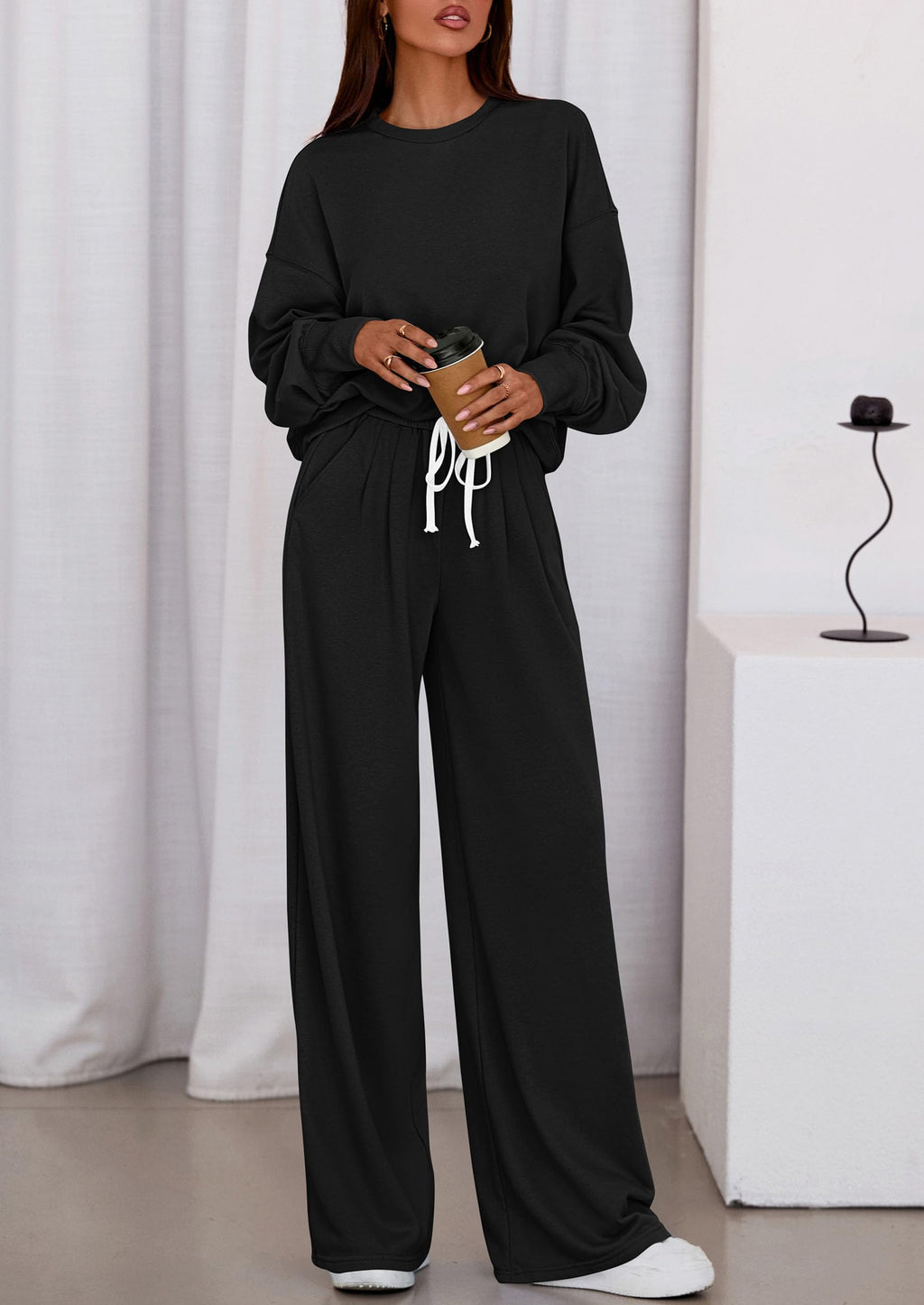 Womens 2 Piece Sets Long Sleeve Sweatshirt Wide Leg Pants Loose Matching Lounge Set Trendy Fall Outfits
