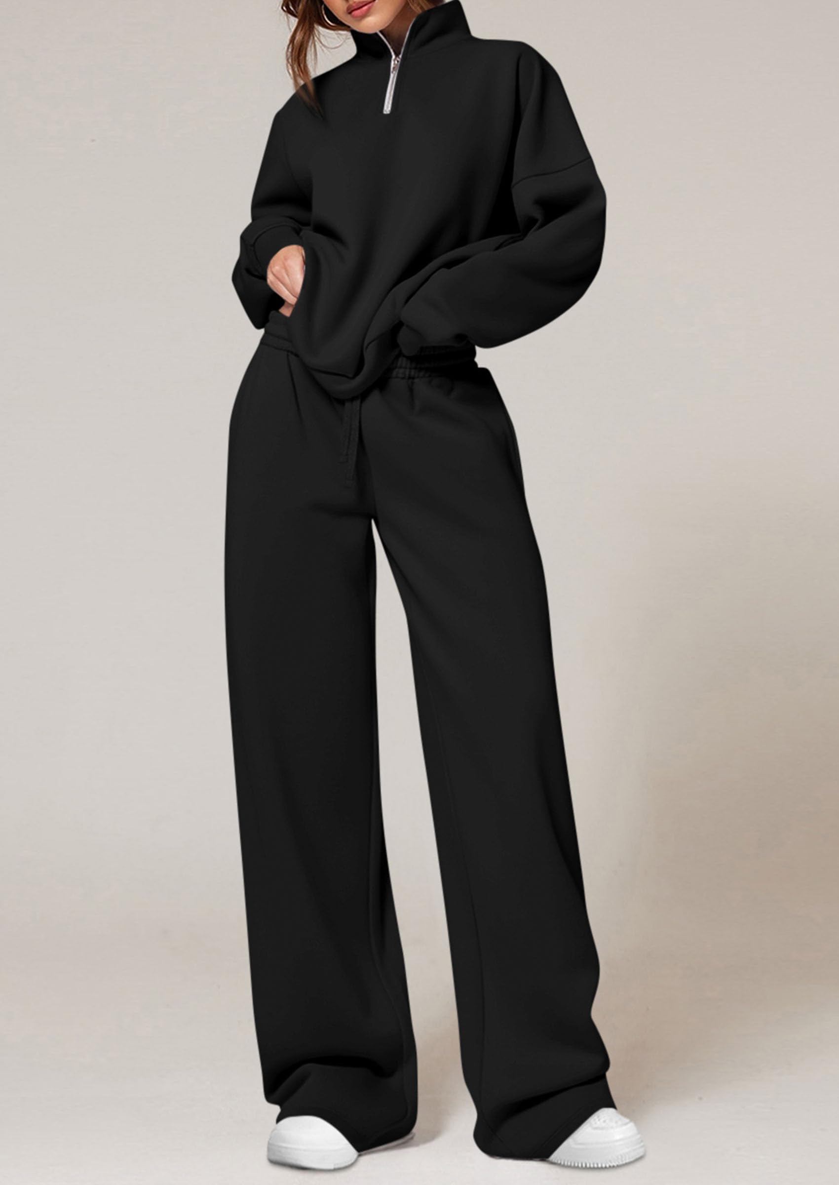 Womens Casual Two Piece Sets Fall Outfits Quarter Zip Sweatshirts Straight Leg Pants Sweatsuits Tracksuit
