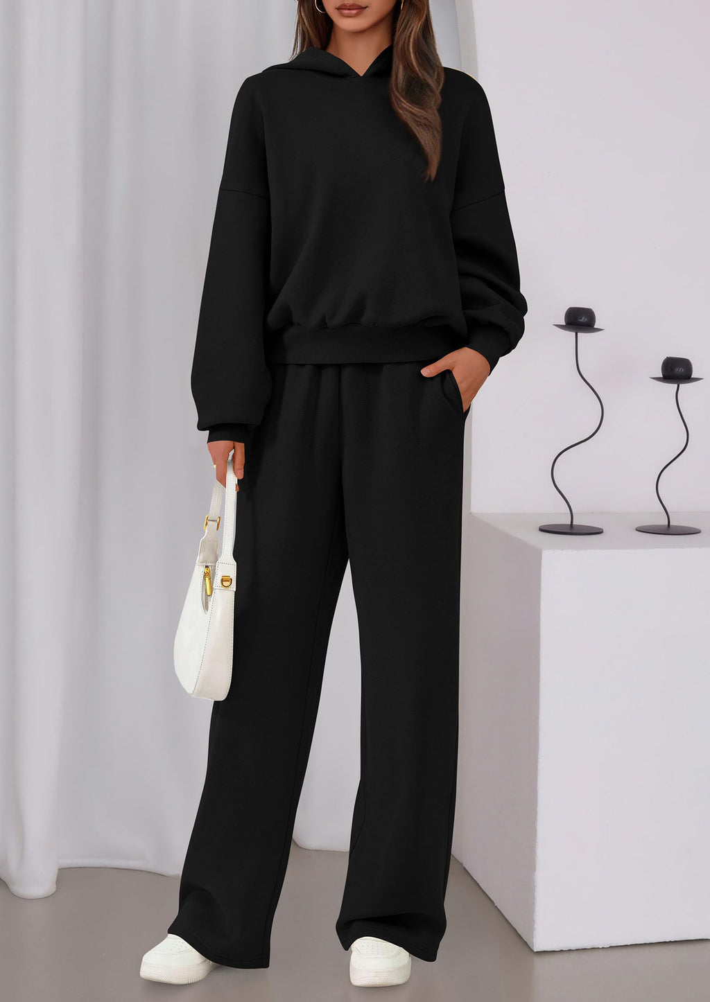 Womens Sweatsuits 2 Piece Set Casual Winter Long Sleeve Hoodie Loose Wide Leg Sweatpants Fall Tracksuit
