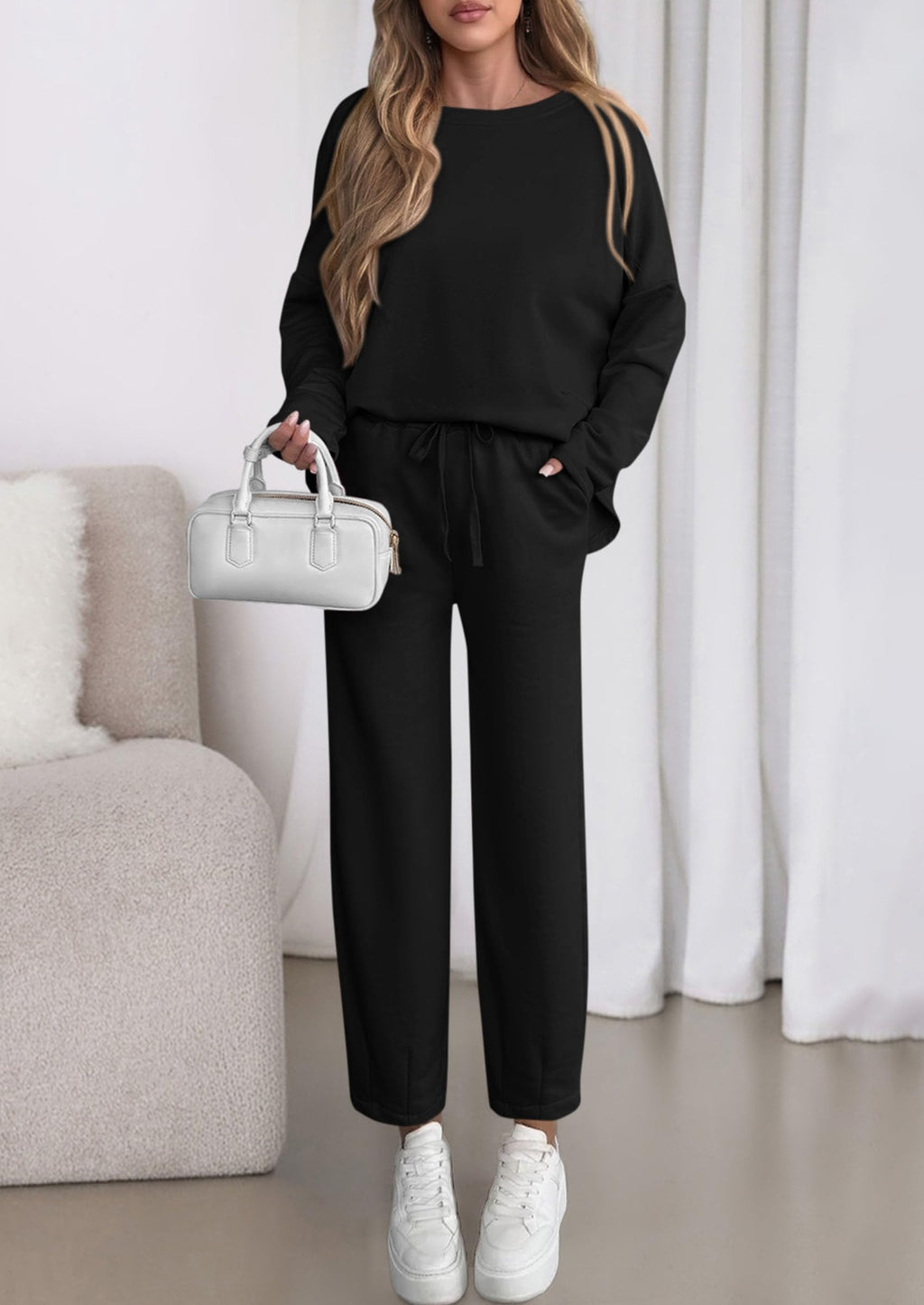 Womens 2 Piece Matching Lounge Sets Fall Long Sleeve Boatneck Sweatsuit Drawstring Sweatpants Pockets