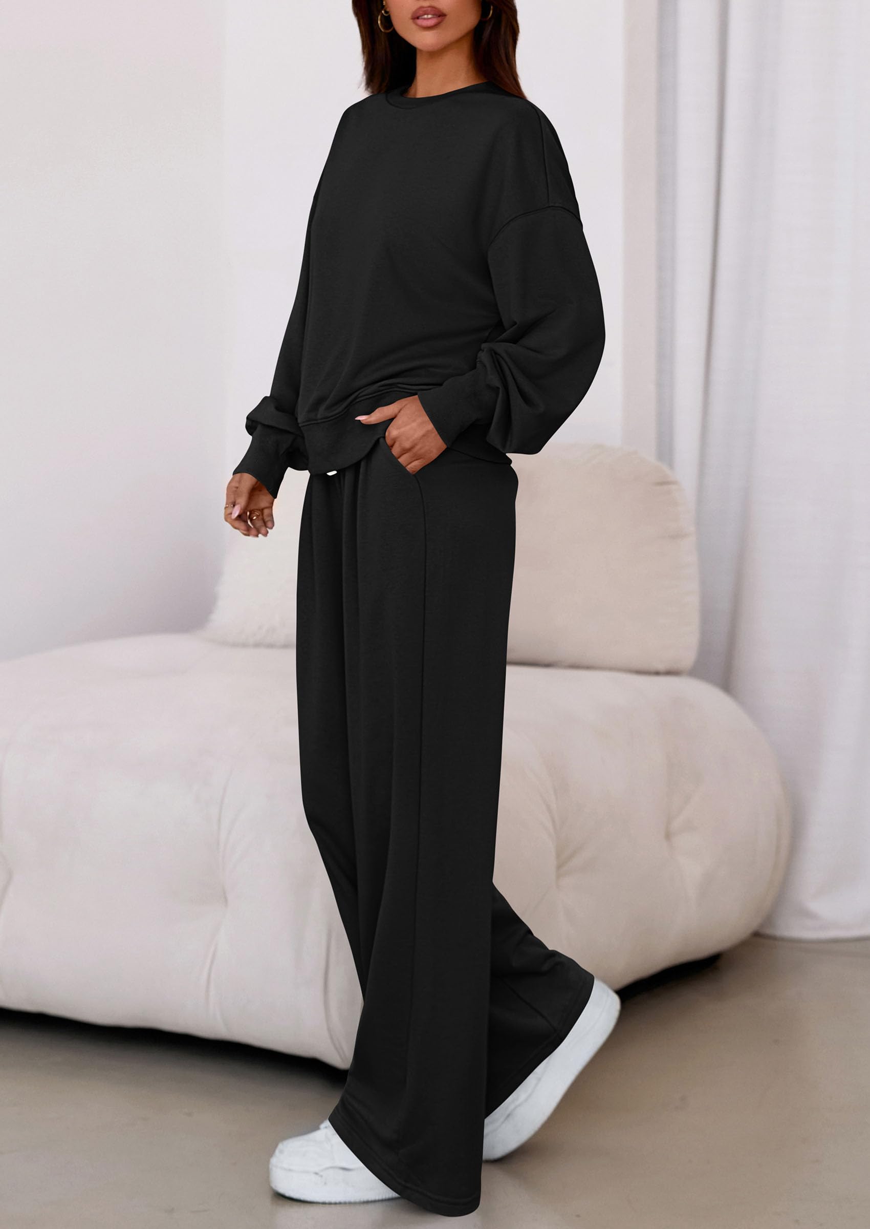 Womens 2 Piece Sets Long Sleeve Sweatshirt Wide Leg Pants Loose Matching Lounge Set Trendy Fall Outfits