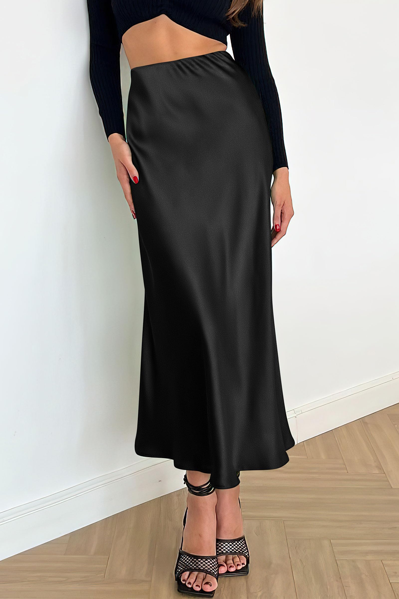 Women's Satin Skirts Dressy Casual Fall High Waisted Cocktail Wedding Flowy Elegant A Line Midi Skirt