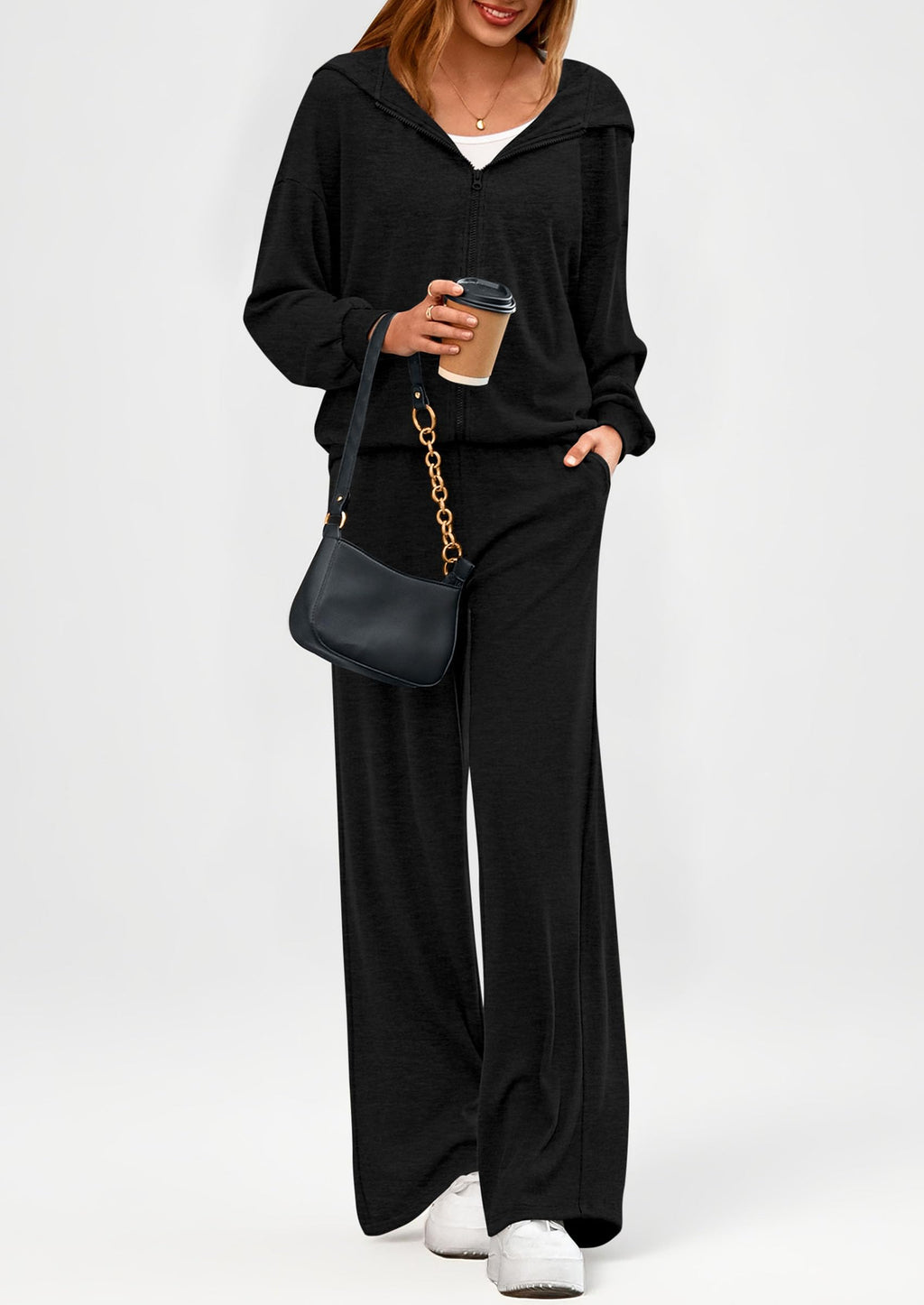 Women's 2 Piece Fall Lounge Sets Zip Up Hoodie Wide Leg Pants Tracksuit Matching Travel Outfits Clothes
