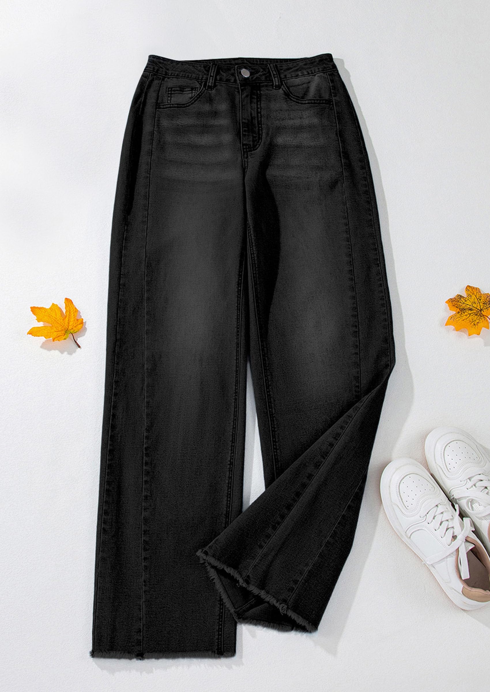 Wide Leg Jeans for Women Trendy High Waisted Stretchy Baggy Raw Hem Denim Palazzo Pants with Pockets