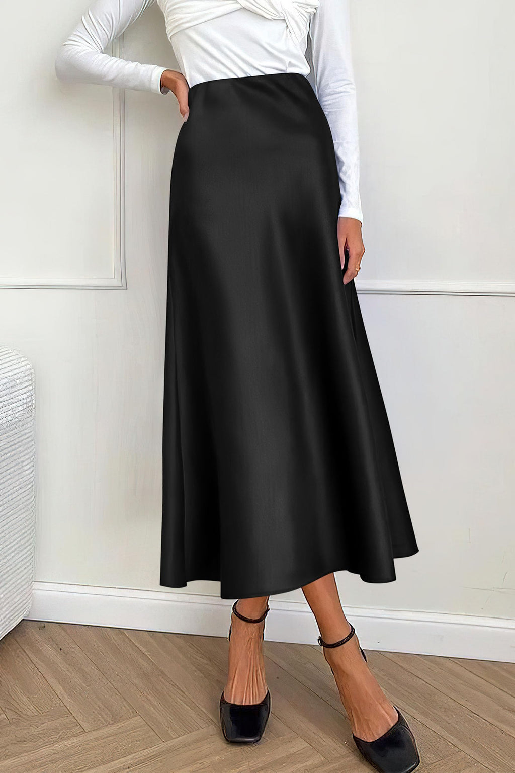 Women's Satin Skirts Dressy Casual Fall High Waisted Cocktail Wedding Flowy Elegant A Line Midi Skirt
