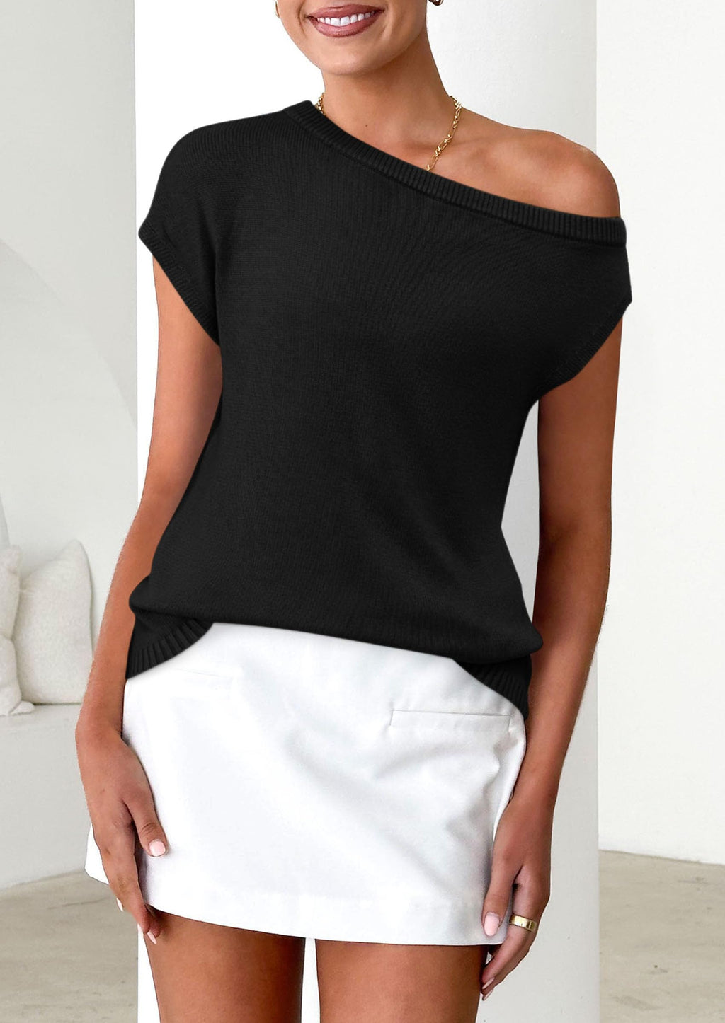 Womens Off The Shoulder Tops Summer Casual Short Sleeve Tunic T Shirts Lightweight Knit Sweaters
