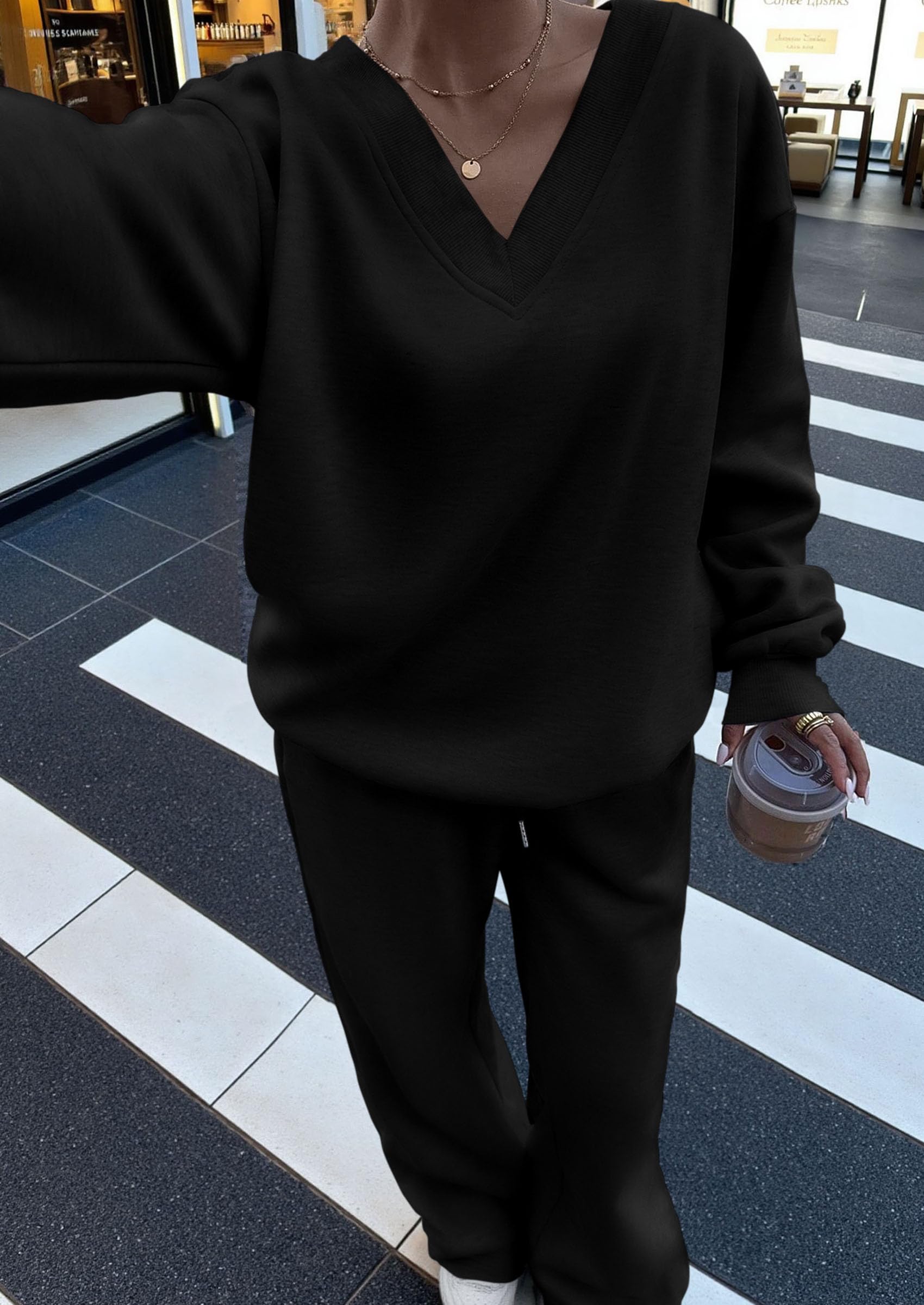 Casual Winter Two Piece Sets for Women V Neck Sweatshirt Loose Wide Leg Pants Tracksuit Knit Fall Outfits