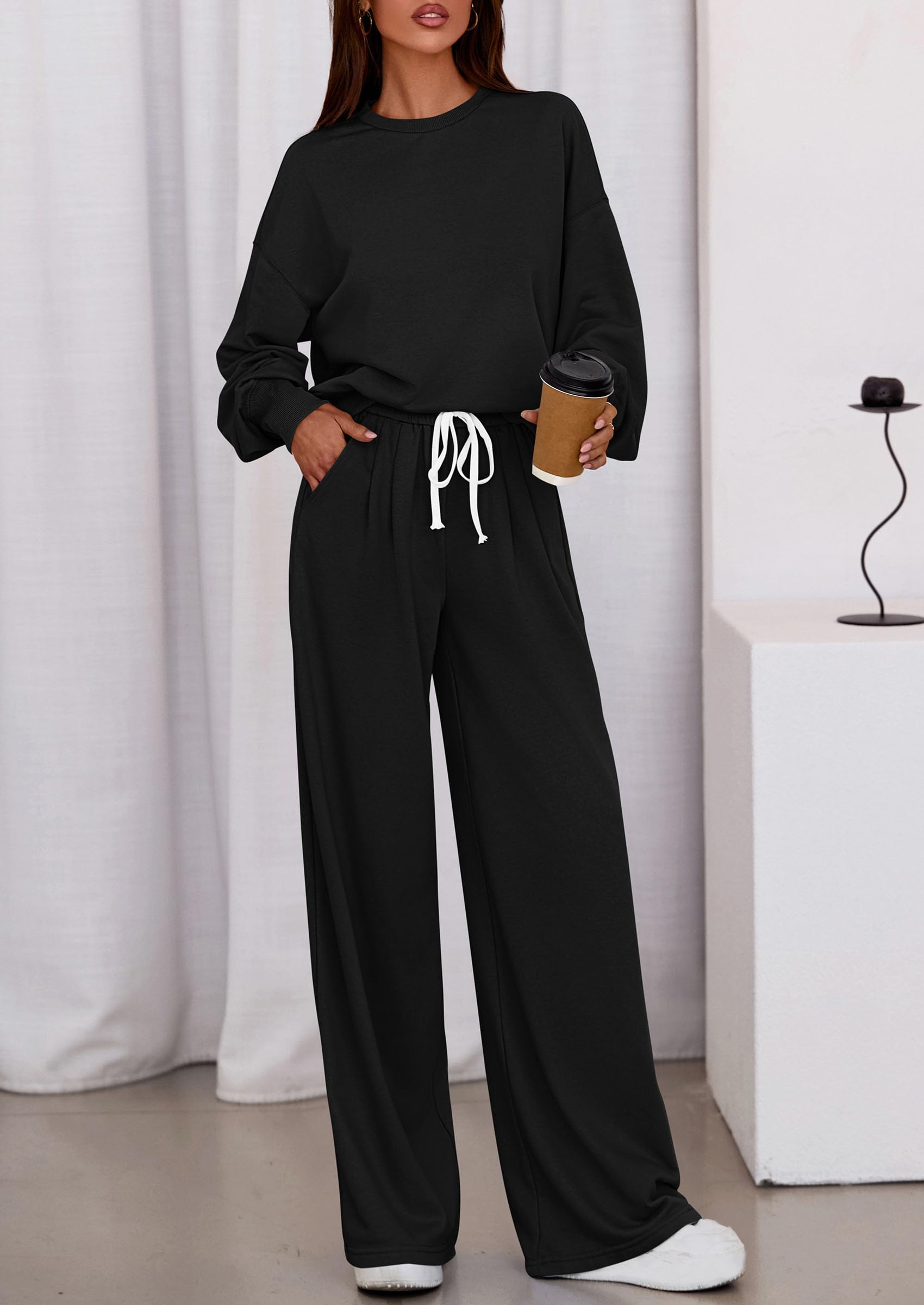 Womens 2 Piece Sets Long Sleeve Sweatshirt Wide Leg Pants Loose Matching Lounge Set Trendy Fall Outfits