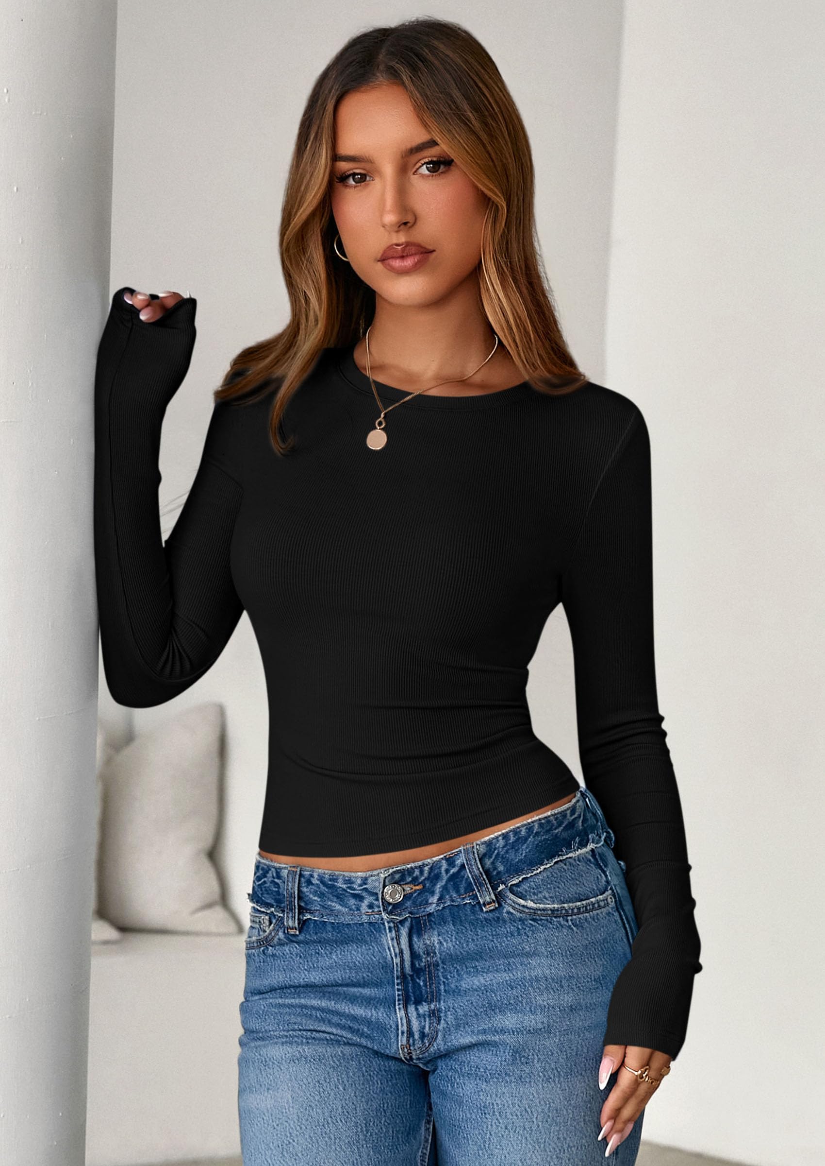 Womens Summer Fall Long Sleeve Shirts Ribbed Knit Fitted Basic Tee Going Out Tops Underscrub Casual Outfits