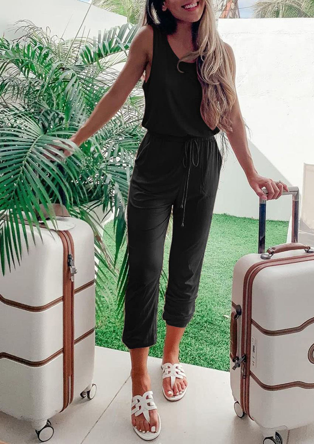 Two Piece Outfit Sets Casual Sleeveless Crewneck Tops and Sweatpants