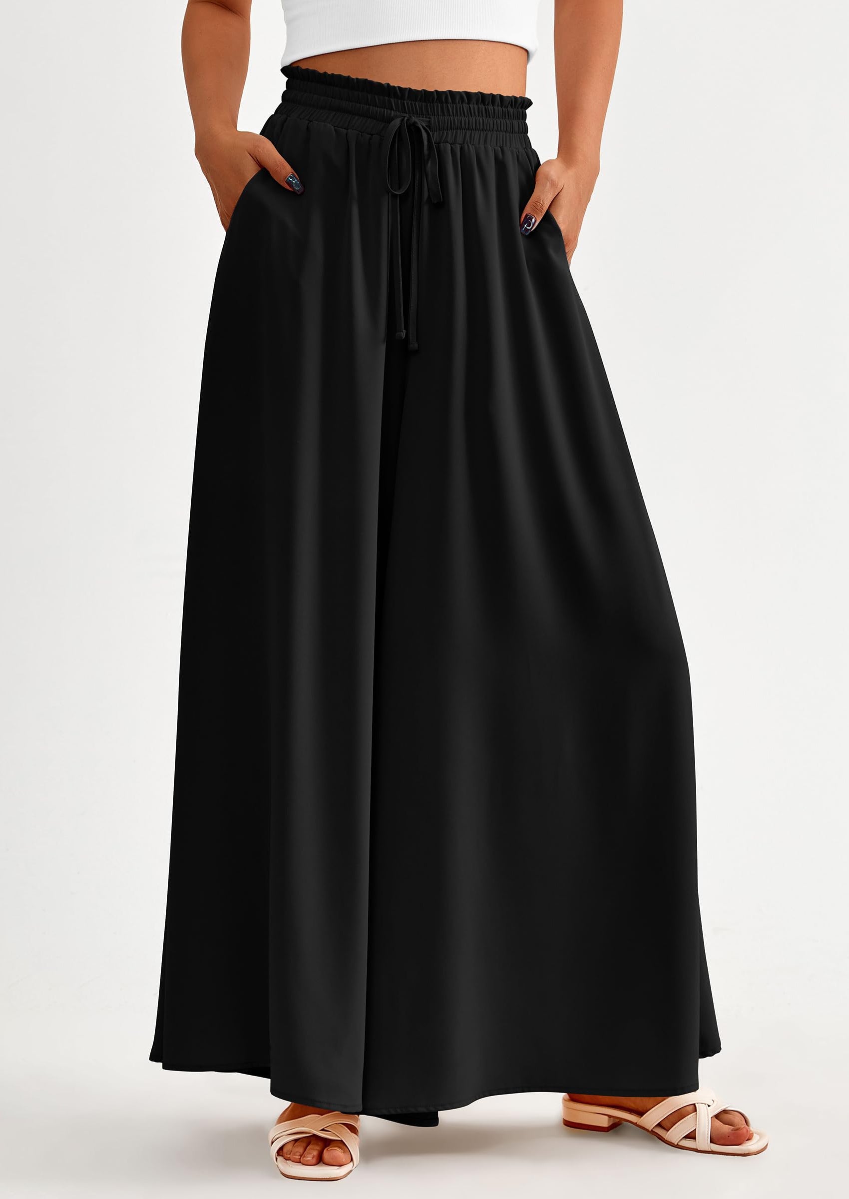 Women's Summer Wide Leg Palazzo Pants High Waisted Flowy Pockets Trendy Casual Lounge Boho Beach Trousers