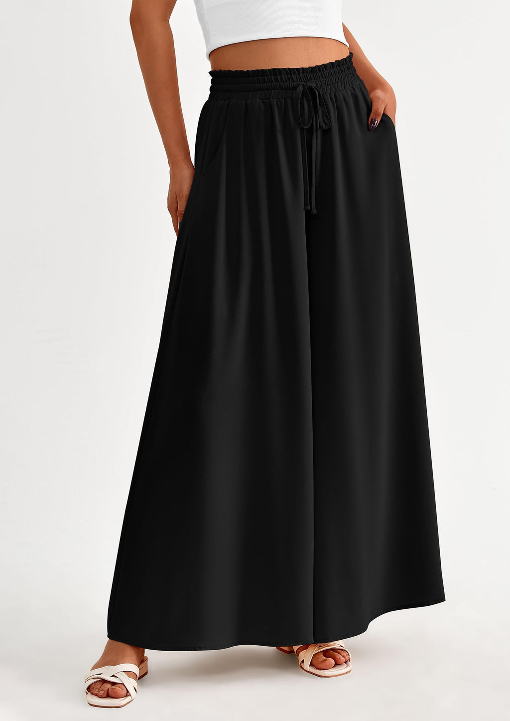Women's Summer Wide Leg Palazzo Pants High Waisted Flowy Pockets Trendy Casual Lounge Boho Beach Trousers