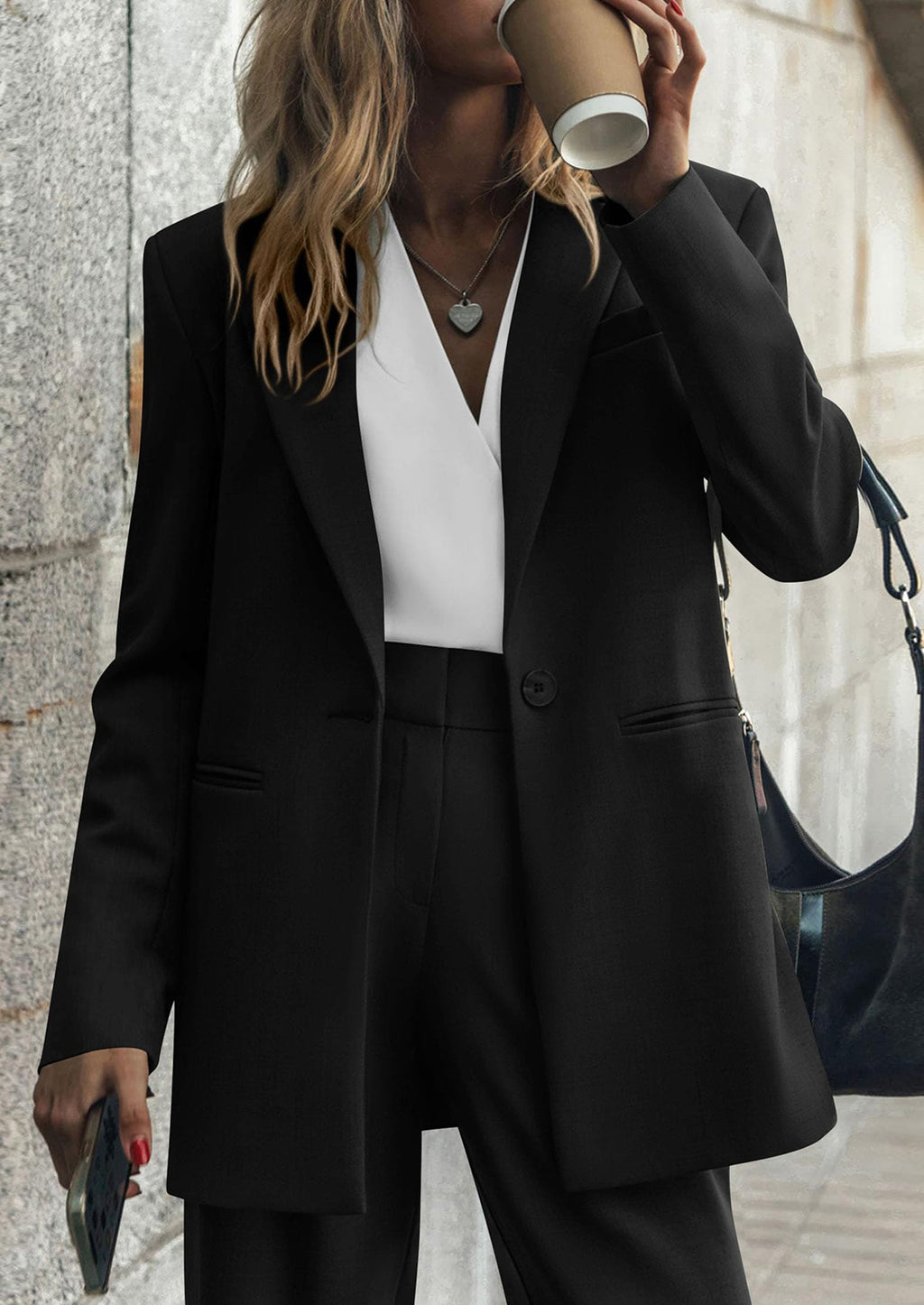 Women's Fall Two Piece Outfits Dressy Blazer Jacket and Wide Leg Pants Pockets Business Casual Office Suit Sets