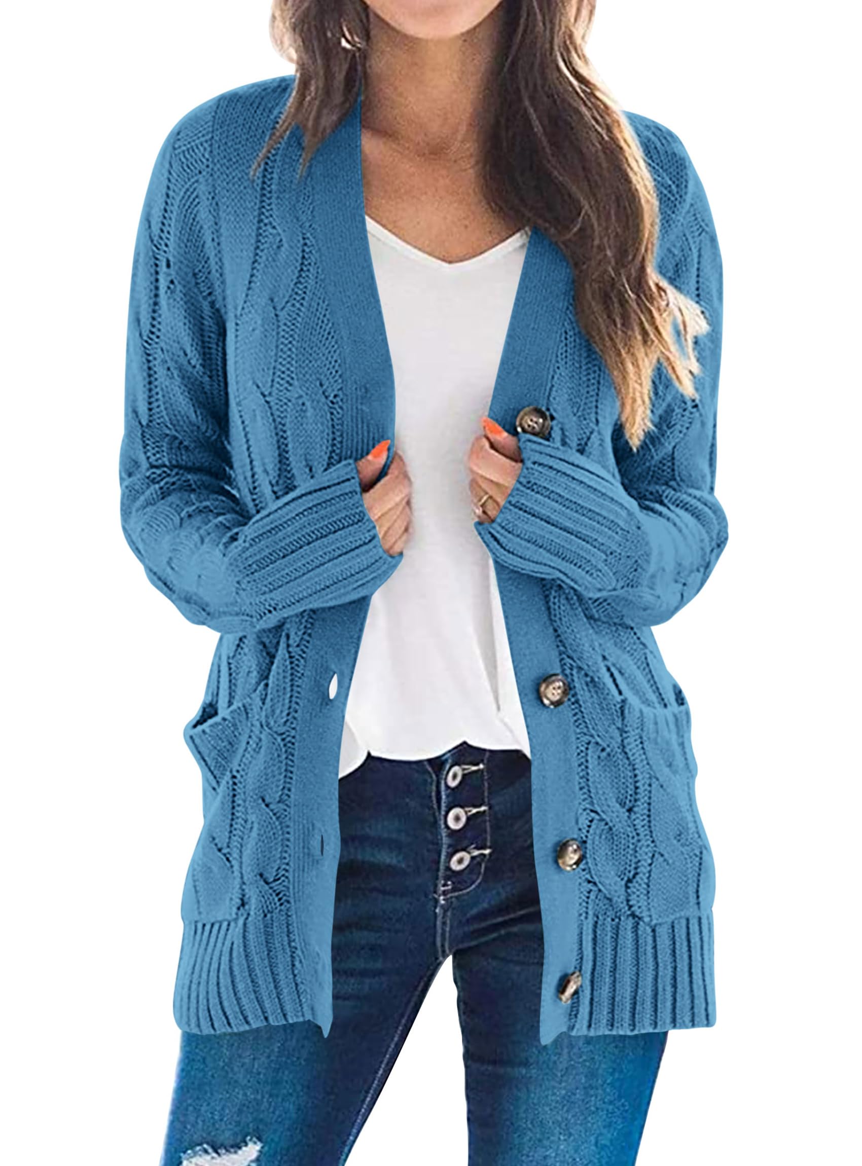Women's Open Front Cardigan Sweaters Fall Fashion Button Down Cable Knit Chunky Winter Outerwear Coats