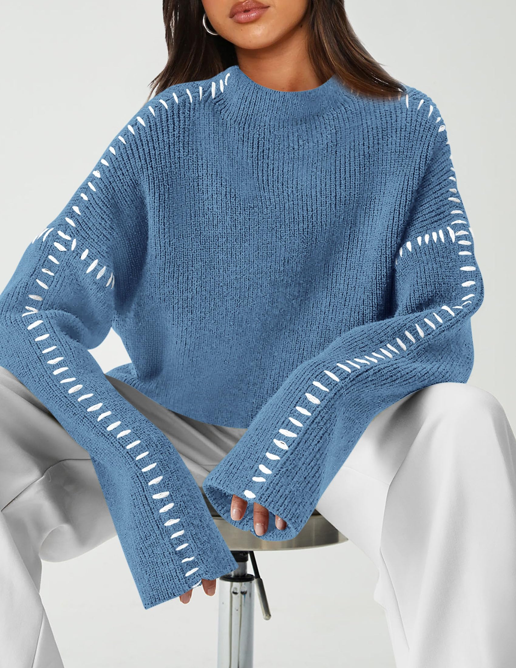 Women's Chunky Knit Sweaters Fall Long Sleeve Mock Neck Oversized Pullover Tops Winter Fashion Clothes