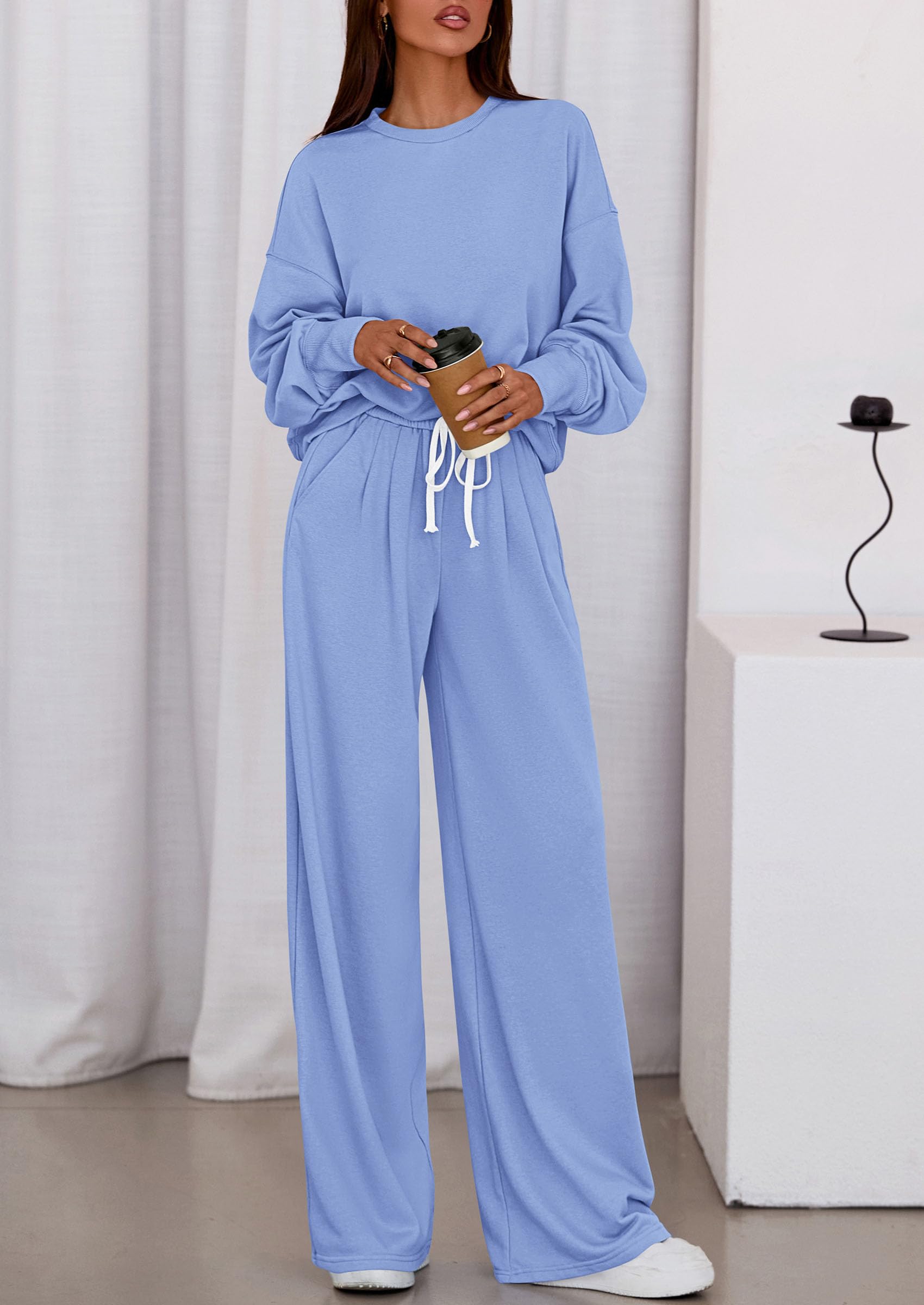 Womens 2 Piece Sets Long Sleeve Sweatshirt Wide Leg Pants Loose Matching Lounge Set Trendy Fall Outfits