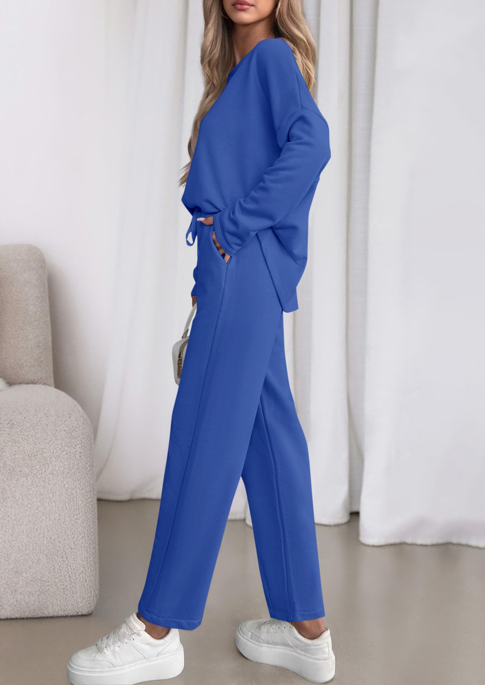 Womens 2 Piece Matching Lounge Sets Fall Long Sleeve Boatneck Sweatsuit Drawstring Sweatpants Pockets