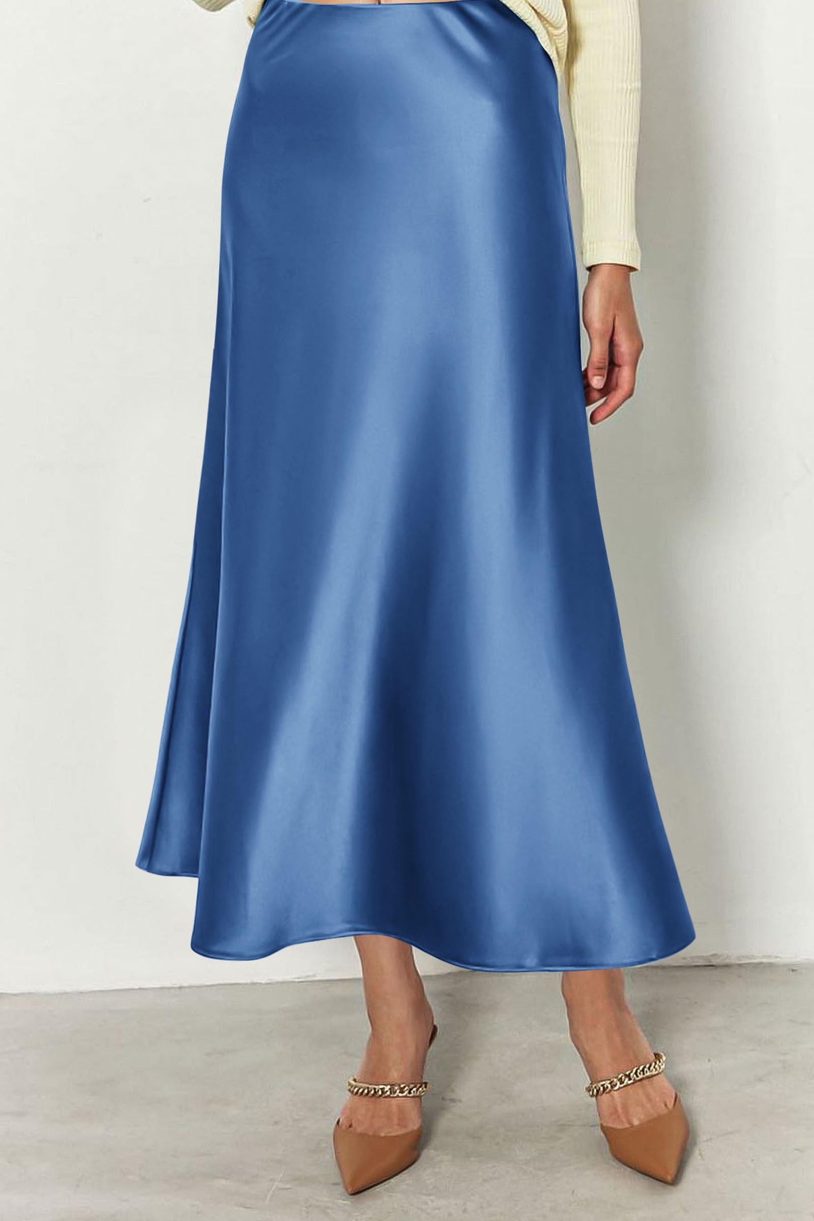 Women's Satin Skirts Dressy Casual Fall High Waisted Cocktail Wedding Flowy Elegant A Line Midi Skirt
