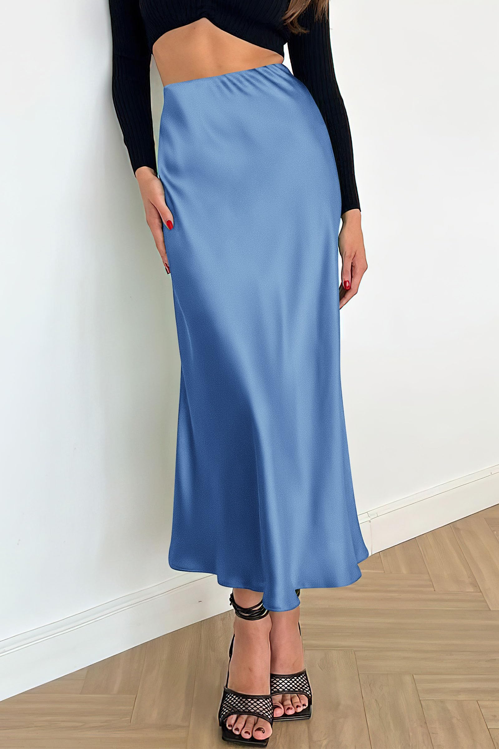 Women's Satin Skirts Dressy Casual Fall High Waisted Cocktail Wedding Flowy Elegant A Line Midi Skirt