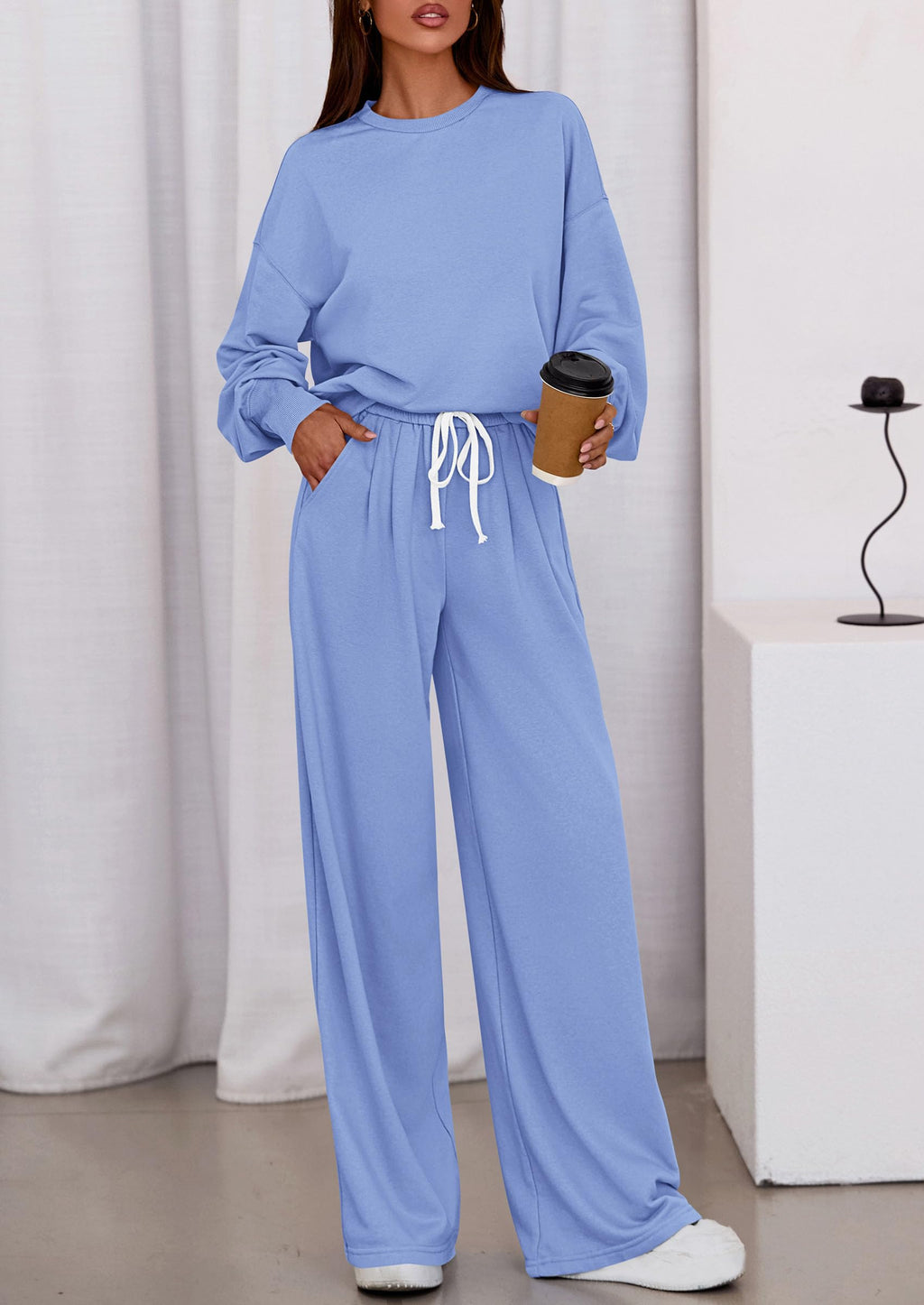 Womens 2 Piece Sets Long Sleeve Sweatshirt Wide Leg Pants Loose Matching Lounge Set Trendy Fall Outfits