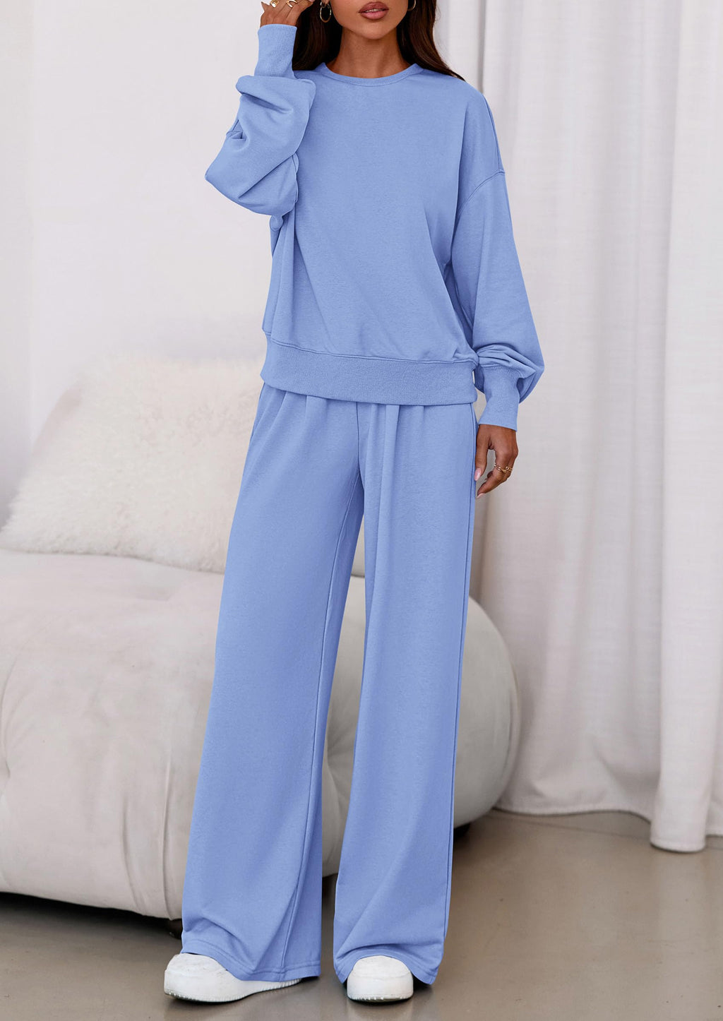Womens 2 Piece Sets Long Sleeve Sweatshirt Wide Leg Pants Loose Matching Lounge Set Trendy Fall Outfits