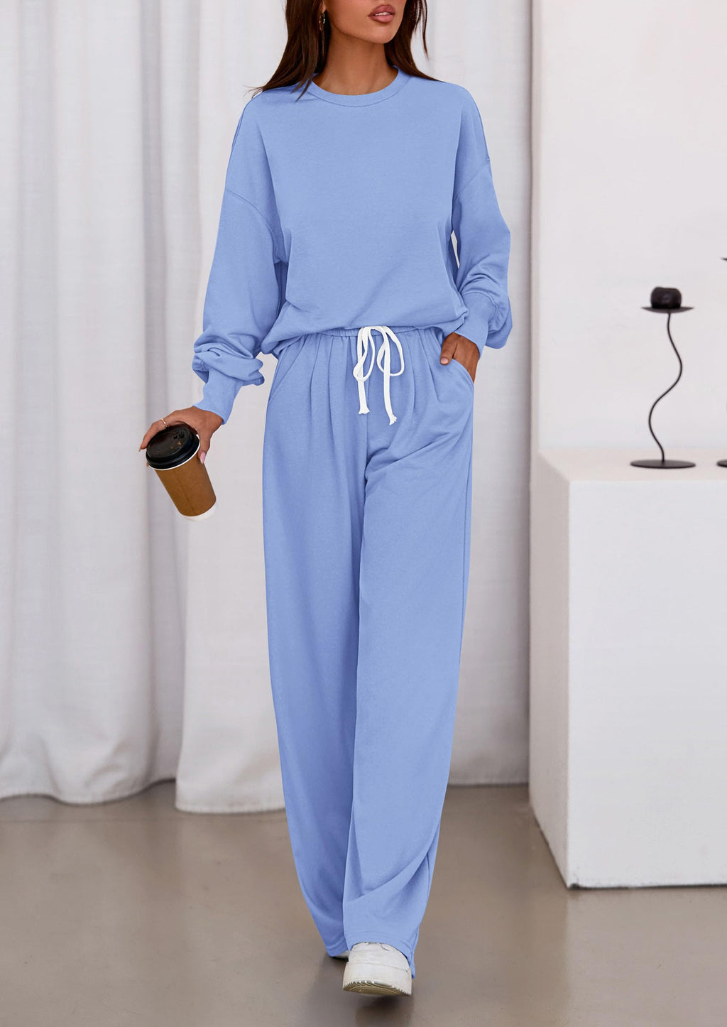 Womens 2 Piece Sets Long Sleeve Sweatshirt Wide Leg Pants Loose Matching Lounge Set Trendy Fall Outfits