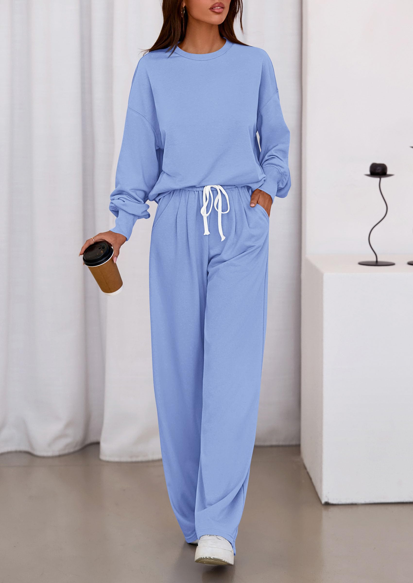 Womens 2 Piece Sets Long Sleeve Sweatshirt Wide Leg Pants Loose Matching Lounge Set Trendy Fall Outfits