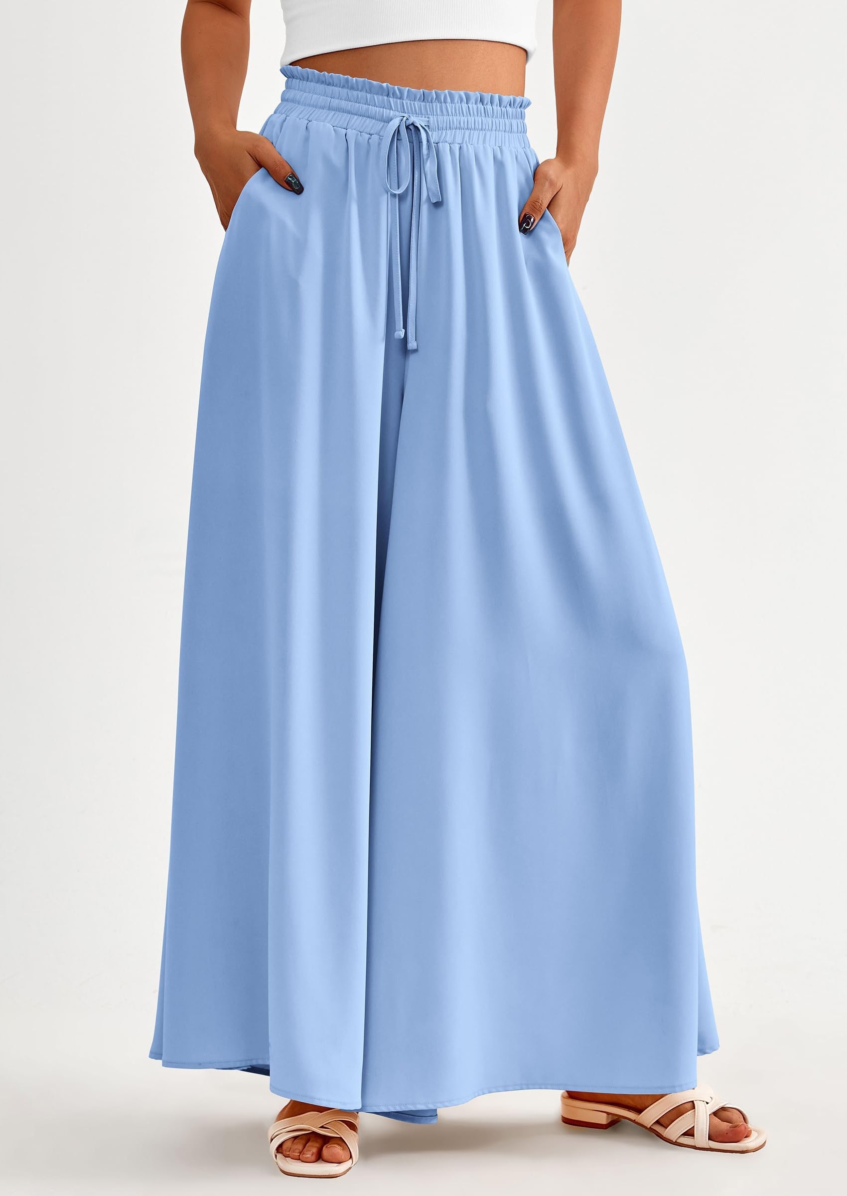 Women's Summer Wide Leg Palazzo Pants High Waisted Flowy Pockets Trendy Casual Lounge Boho Beach Trousers