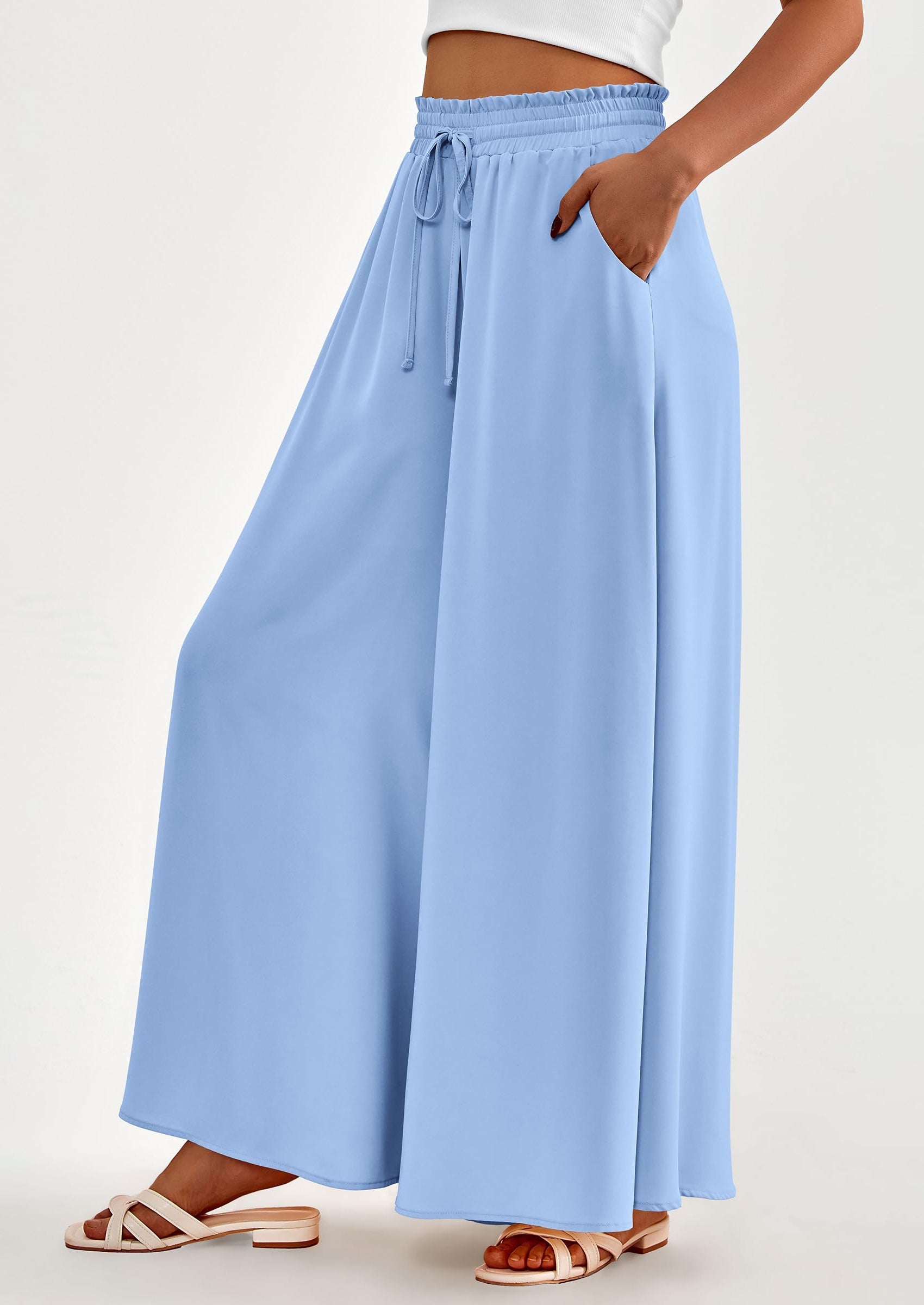 Women's Summer Wide Leg Palazzo Pants High Waisted Flowy Pockets Trendy Casual Lounge Boho Beach Trousers