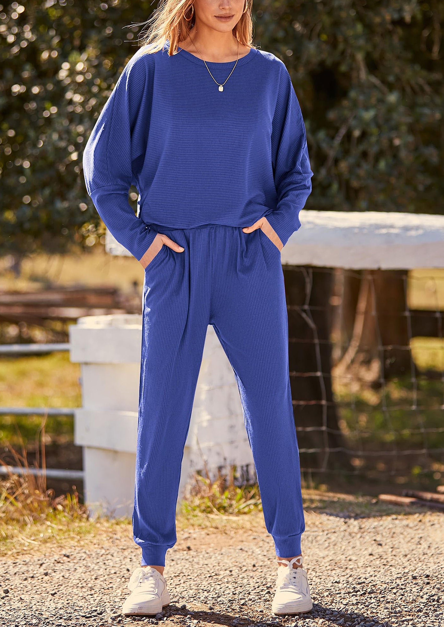 Women's Fall 2 Piece Lounge Set Long Sleeve Tops Ribbed Pants Spring Matching Sweatsuit Travel Outfits Clothes