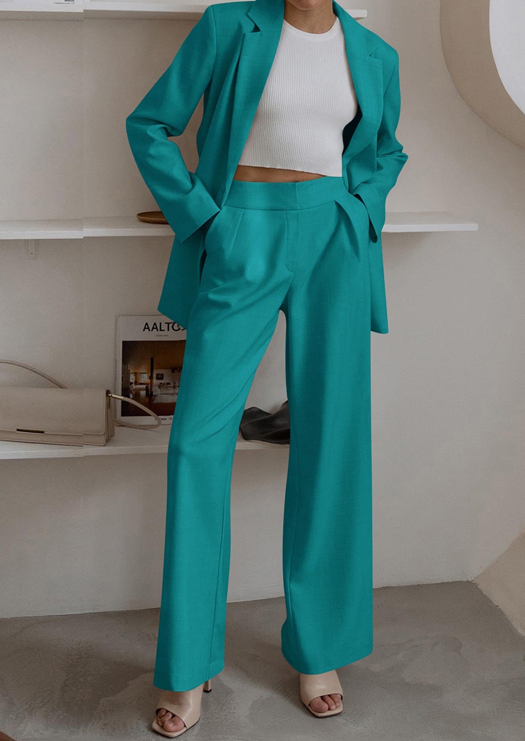 Women's Fall Two Piece Outfits Dressy Blazer Jacket and Wide Leg Pants Pockets Business Casual Office Suit Sets