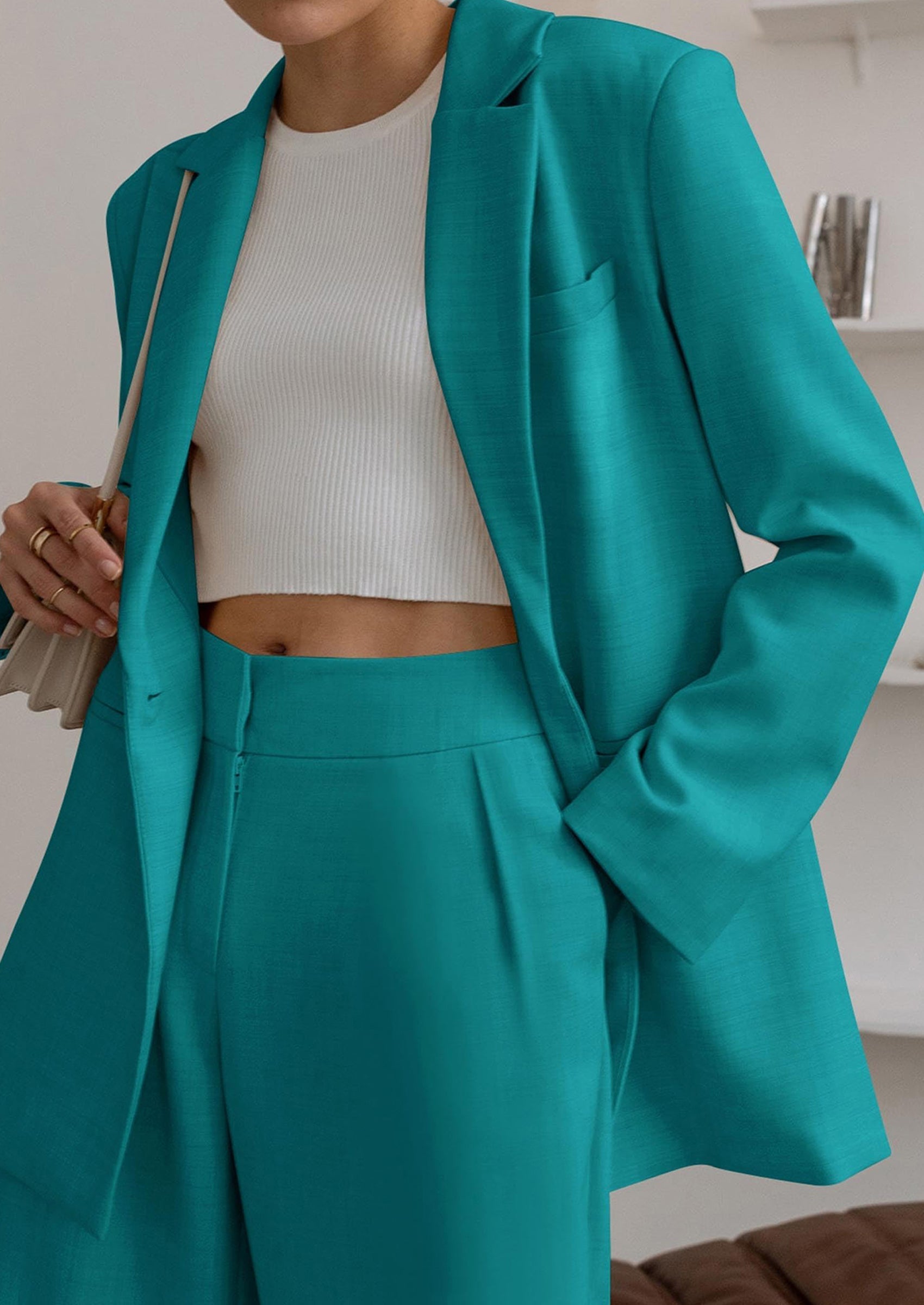 Women's Fall Two Piece Outfits Dressy Blazer Jacket and Wide Leg Pants Pockets Business Casual Office Suit Sets