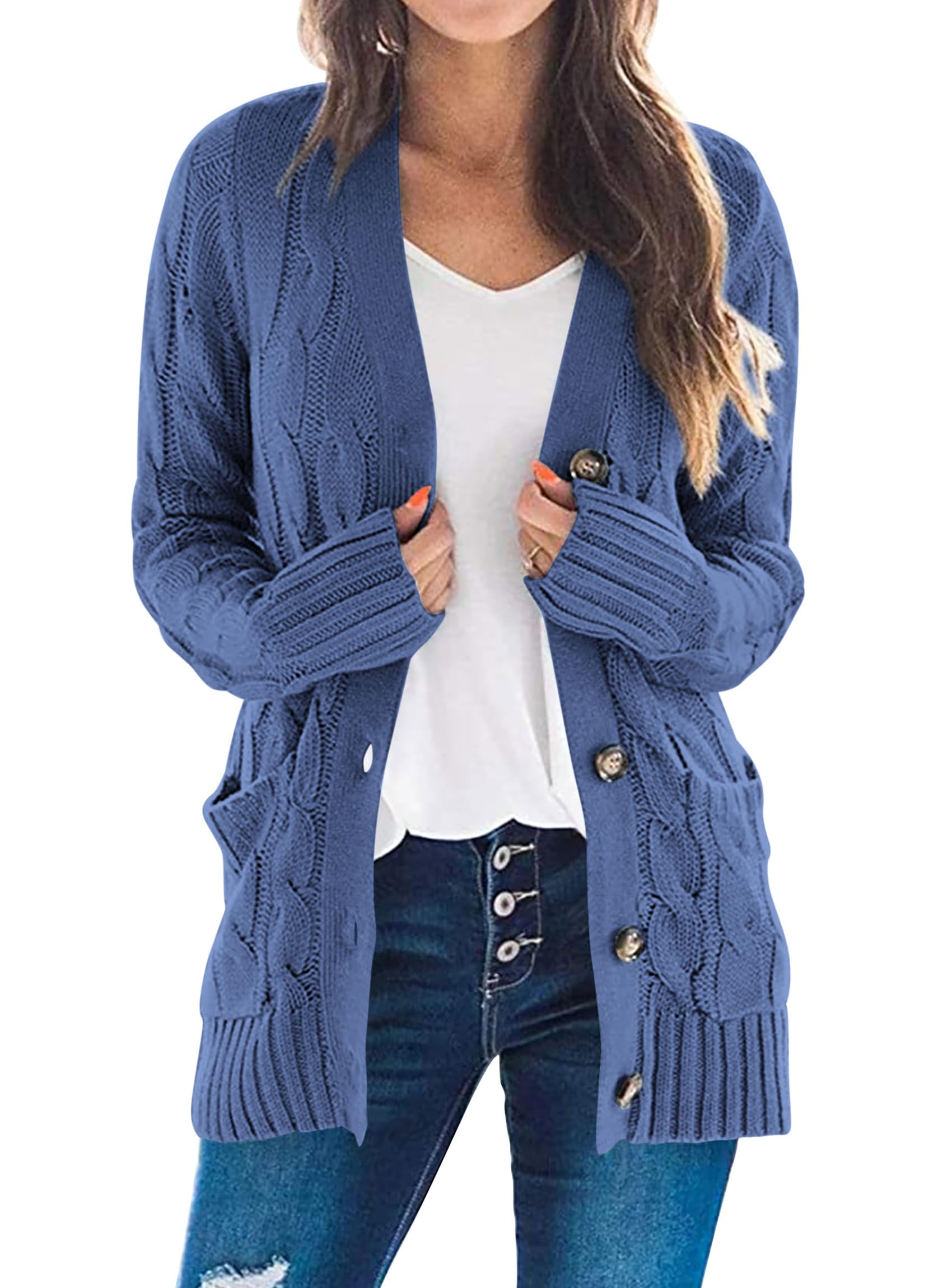 Women's Open Front Cardigan Sweaters Fall Fashion Button Down Cable Knit Chunky Winter Outerwear Coats