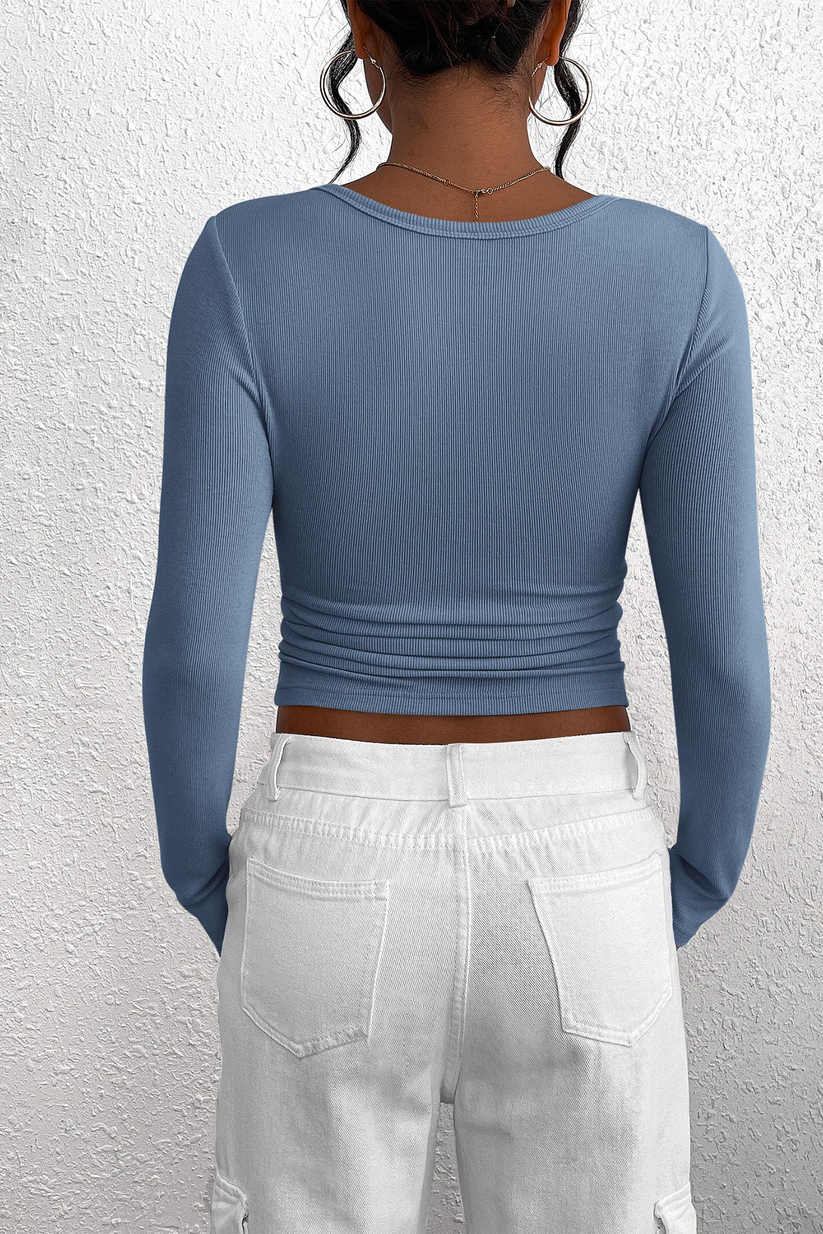 Women's Spring Fall Long Sleeve Henley T Shirts Button Ribbed Knit Slim Fit Casual Basic Tops Blouse
