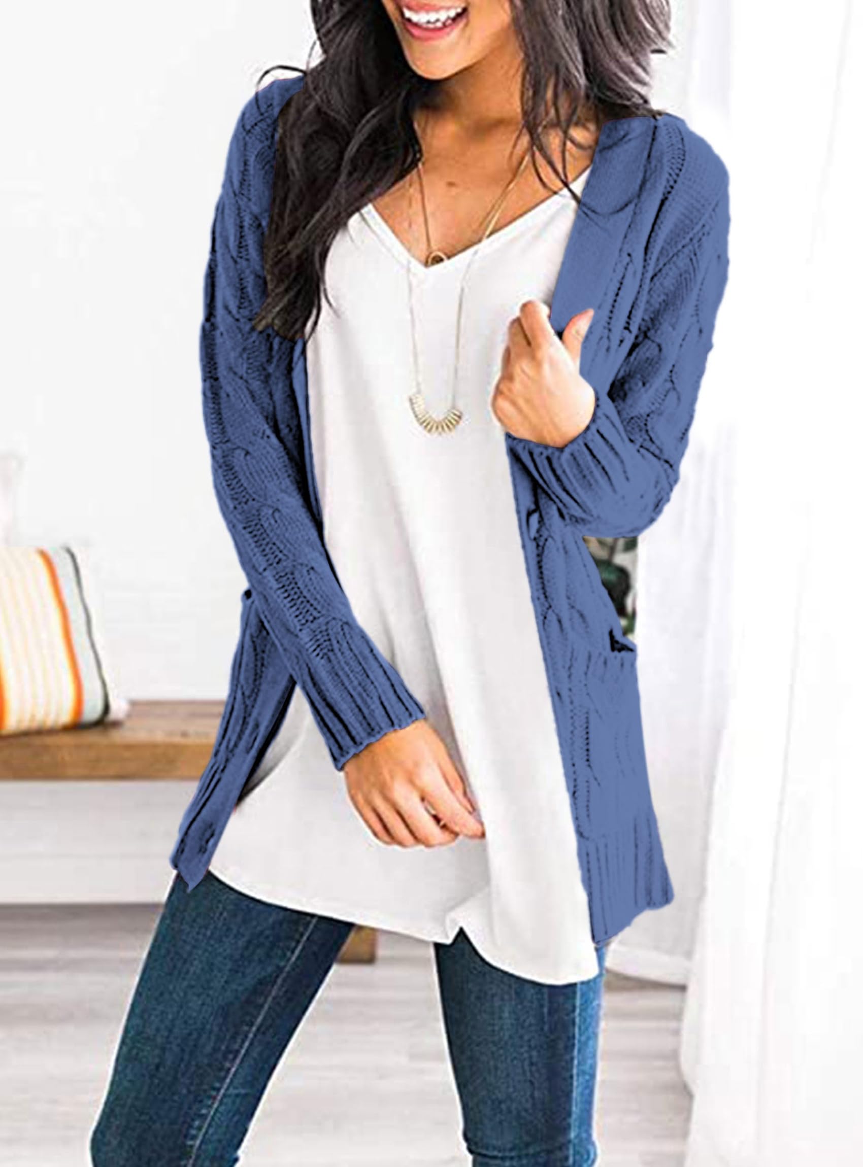 Women's Open Front Cardigan Sweaters Fall Fashion Button Down Cable Knit Chunky Winter Outerwear Coats