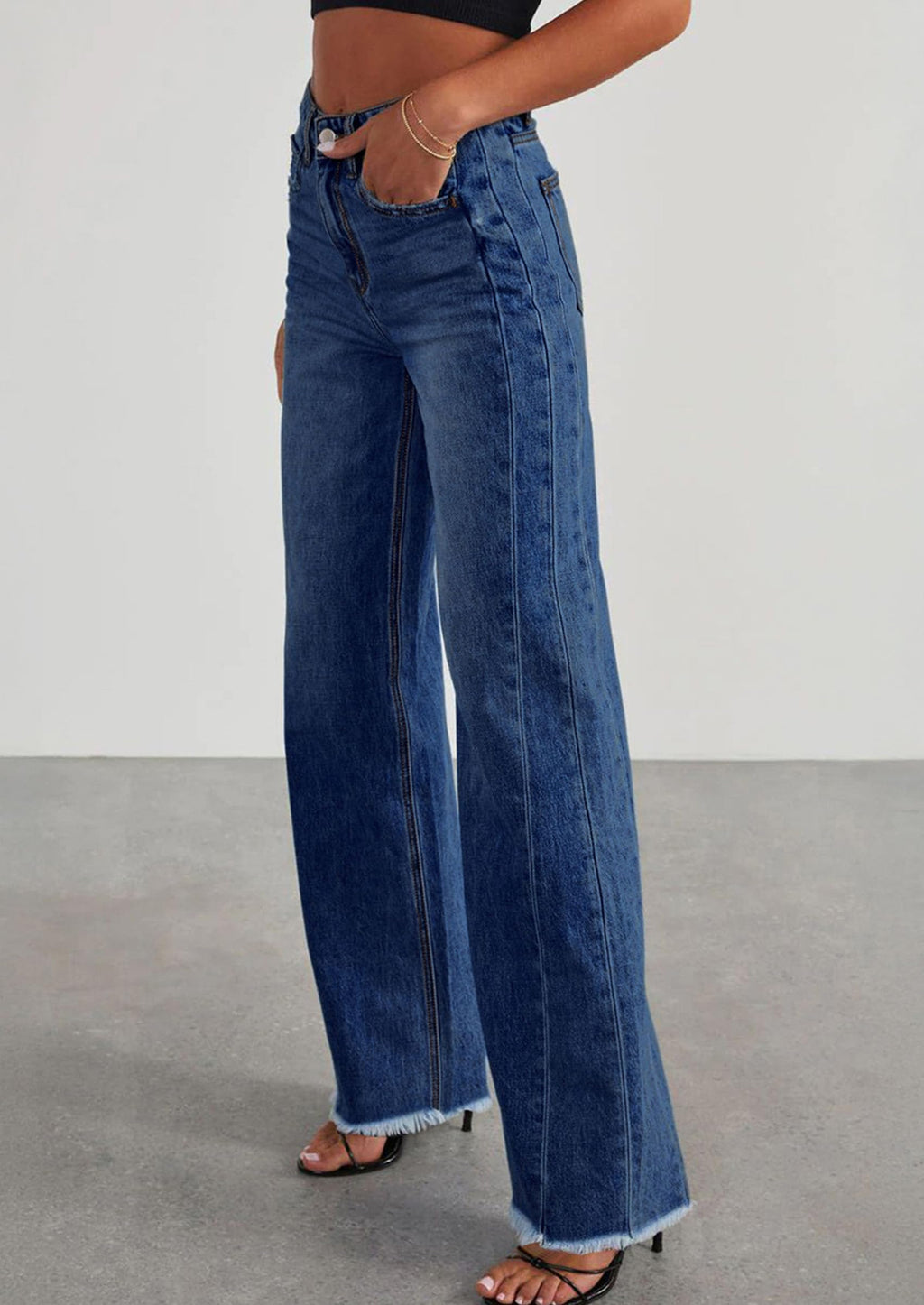 Wide Leg Jeans for Women Trendy High Waisted Stretchy Baggy Raw Hem Denim Palazzo Pants with Pockets