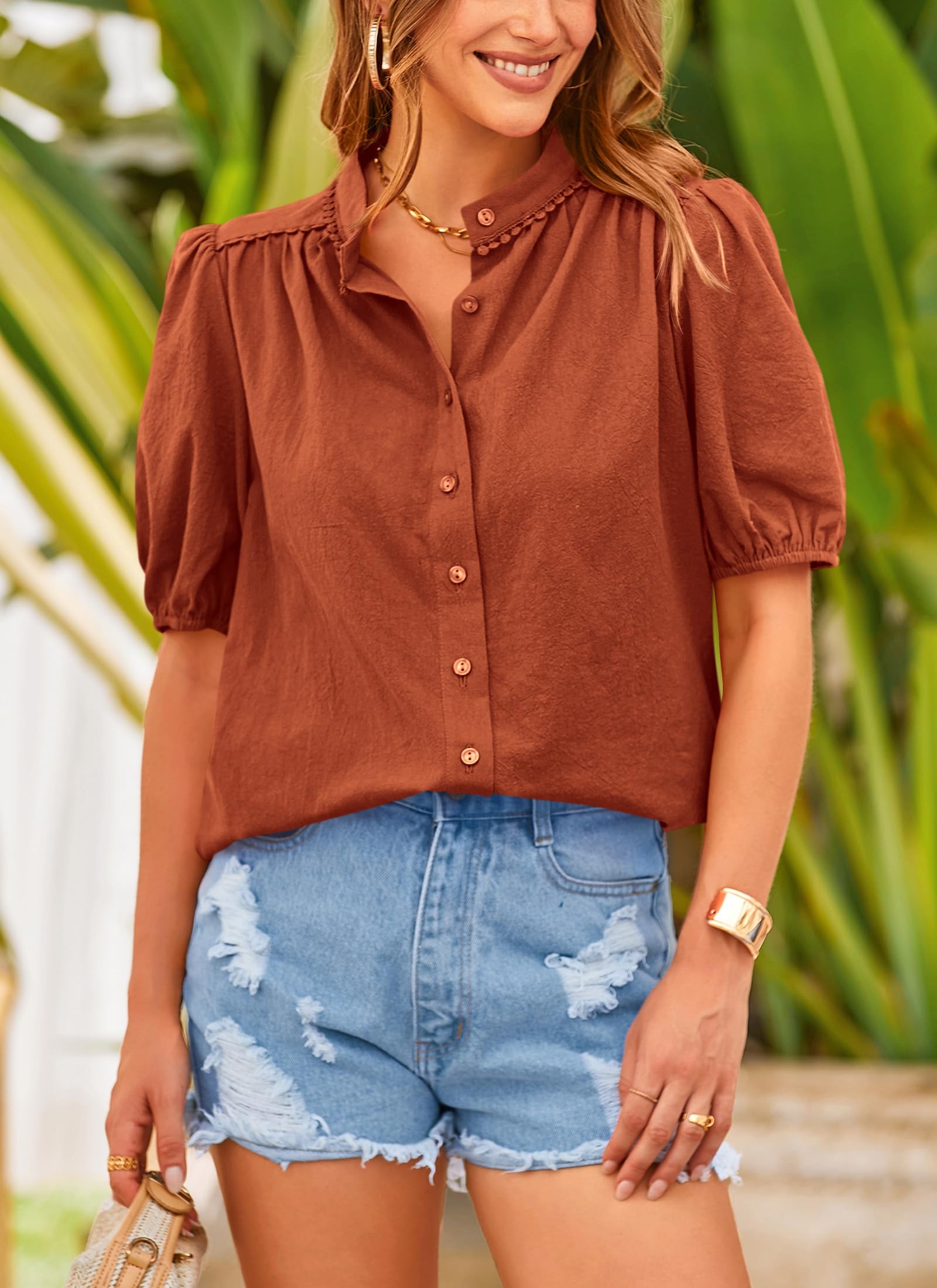 Women's Summer Tops Button Down Shirts Short Lantern Sleeve V Neck Cotton Cute Dressy Casual Blouses