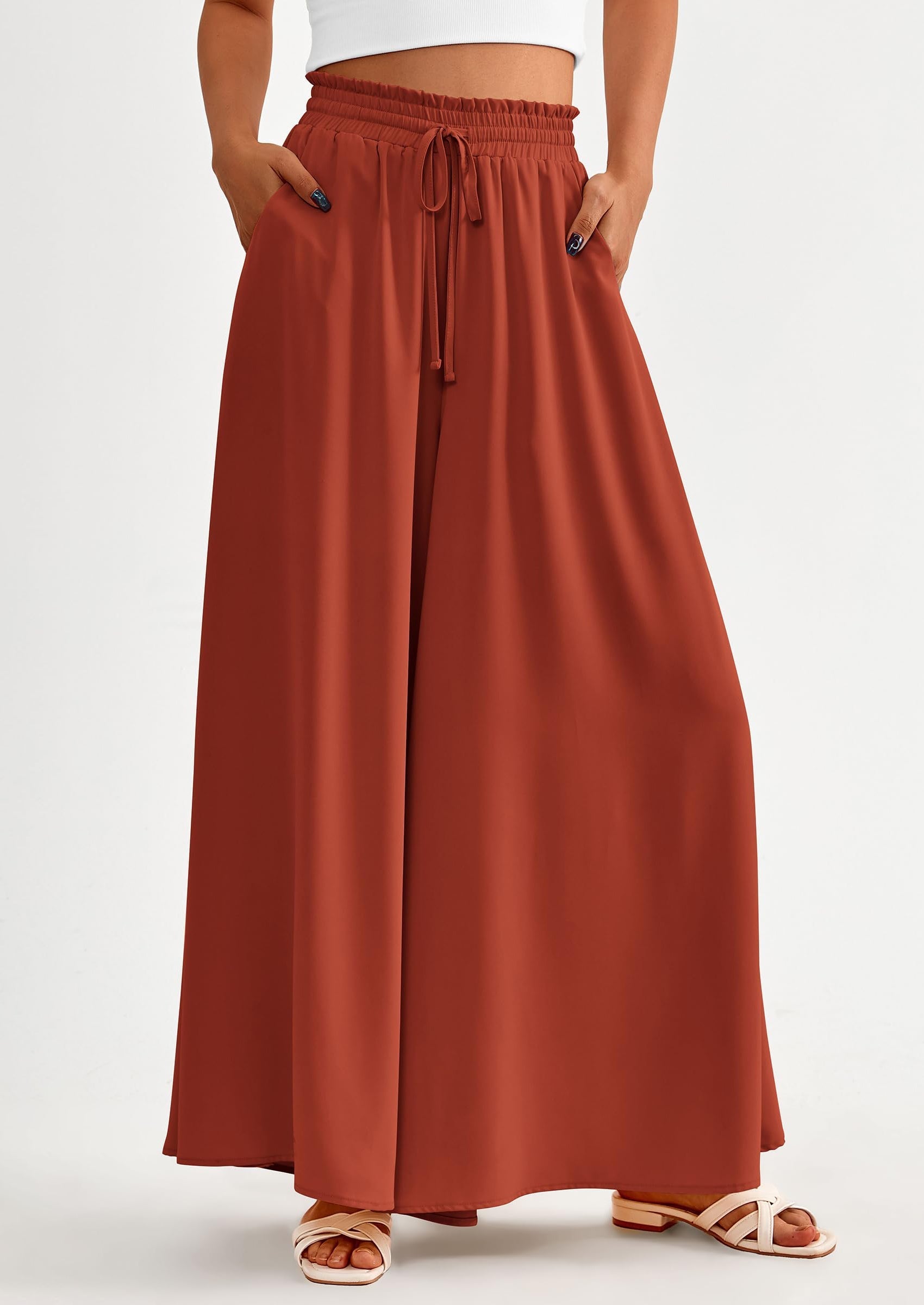 Women's Summer Wide Leg Palazzo Pants High Waisted Flowy Pockets Trendy Casual Lounge Boho Beach Trousers