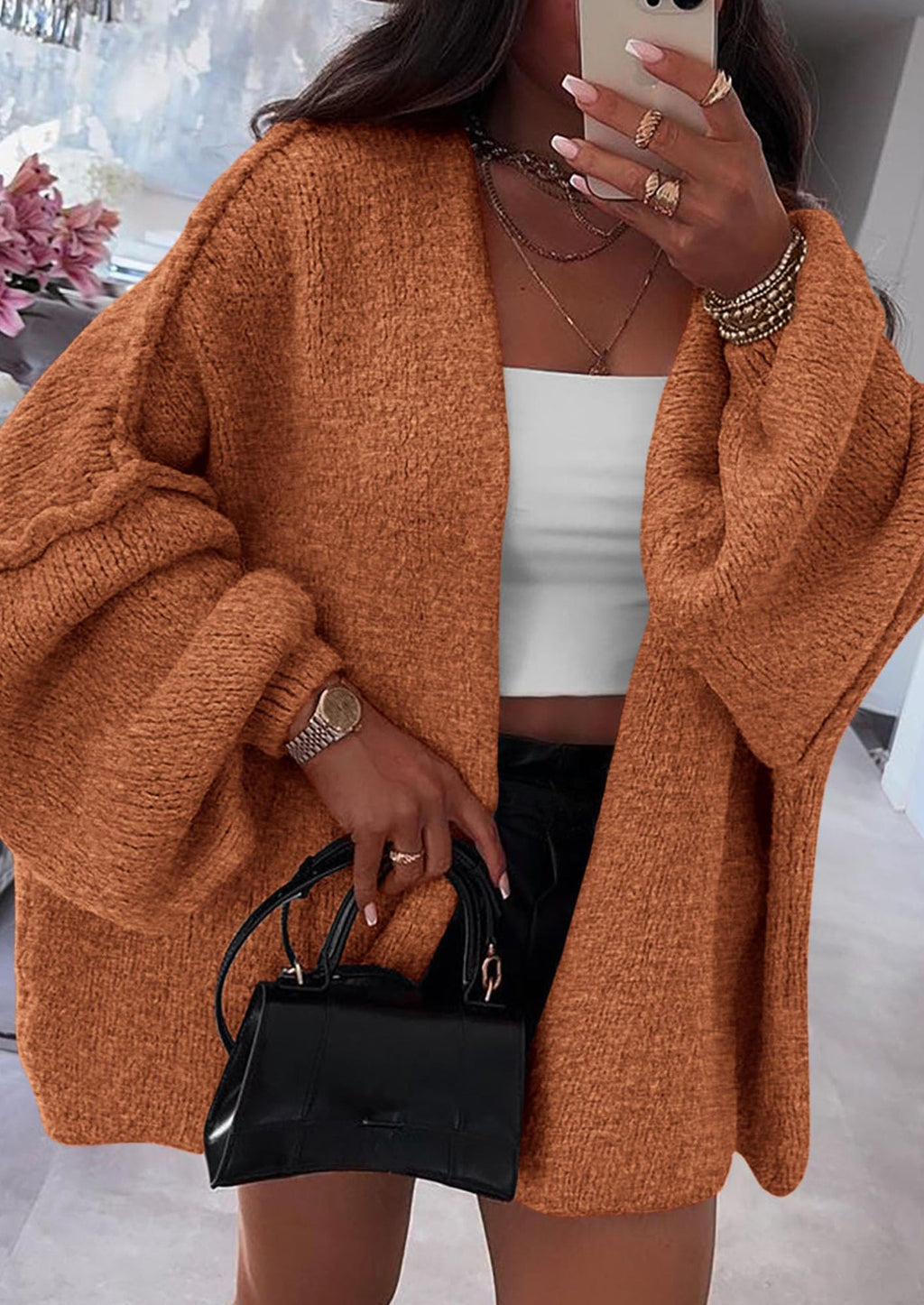 Womens Oversized Cardigan Sweaters Fall Long Lantern Sleeve Knit Open Front Lightweight Sweater