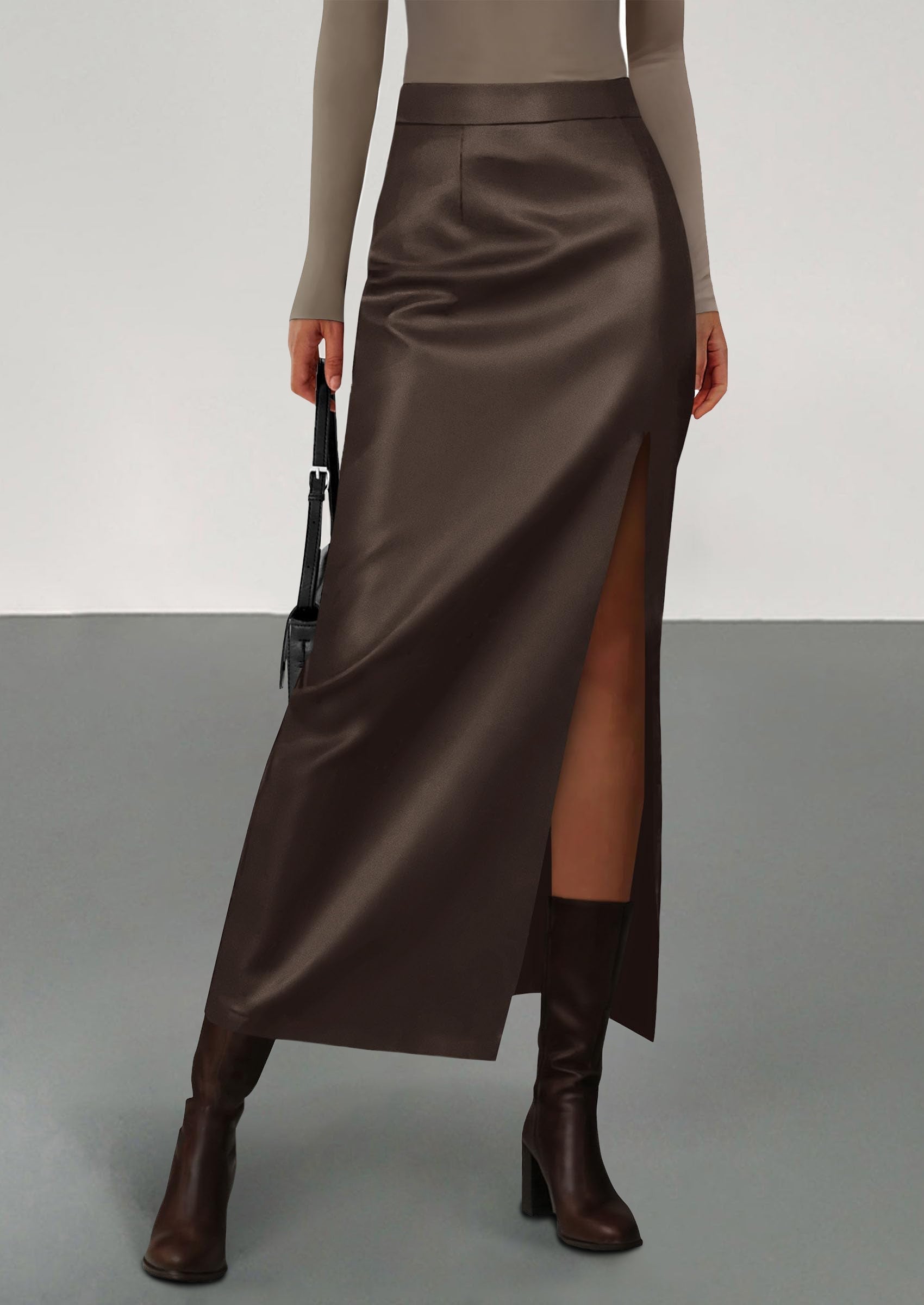 Womens Faux Leather Skirt Fall Bodycon High Waisted Slit Dressy Casual Winter Maxi Long Pencil Skirts