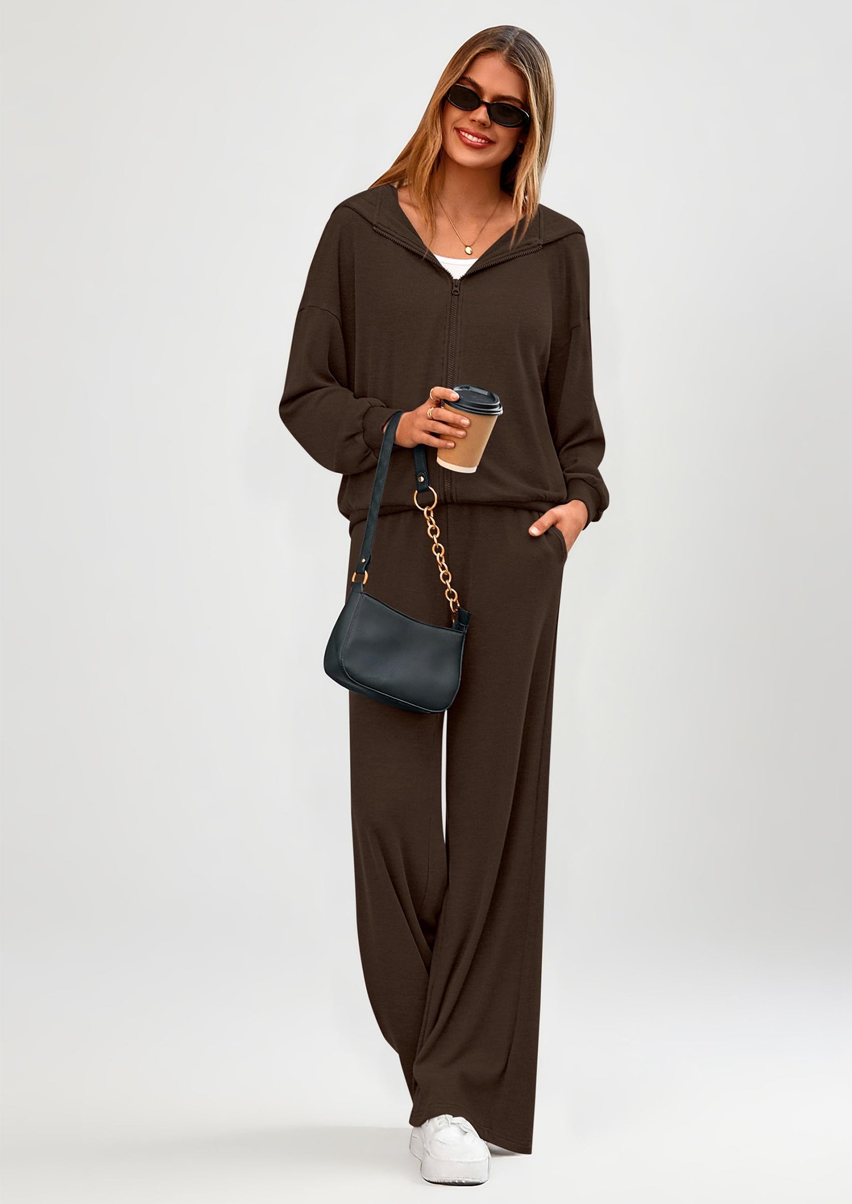 Women's 2 Piece Fall Lounge Sets Zip Up Hoodie Wide Leg Pants Tracksuit Matching Travel Outfits Clothes