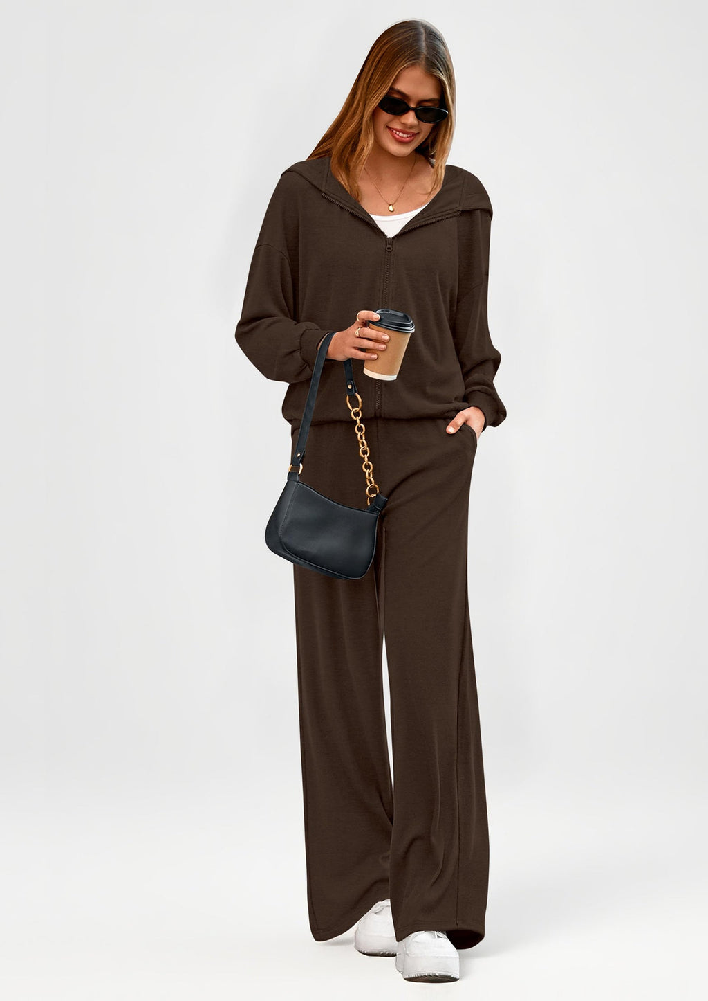 Women's 2 Piece Fall Lounge Sets Zip Up Hoodie Wide Leg Pants Tracksuit Matching Travel Outfits Clothes