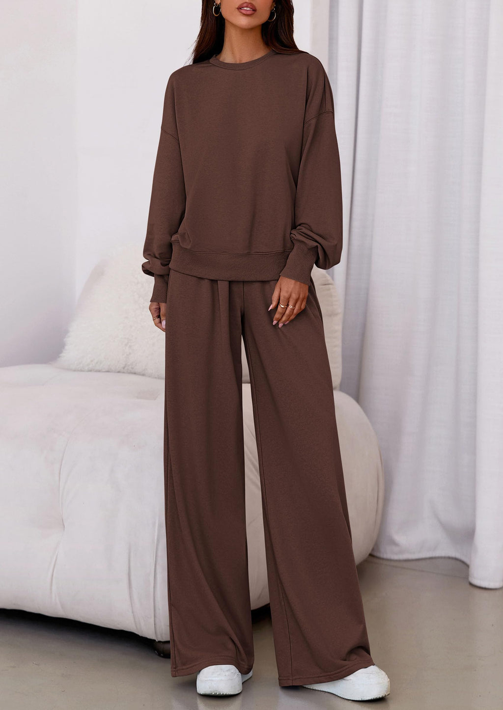Womens 2 Piece Sets Long Sleeve Sweatshirt Wide Leg Pants Loose Matching Lounge Set Trendy Fall Outfits