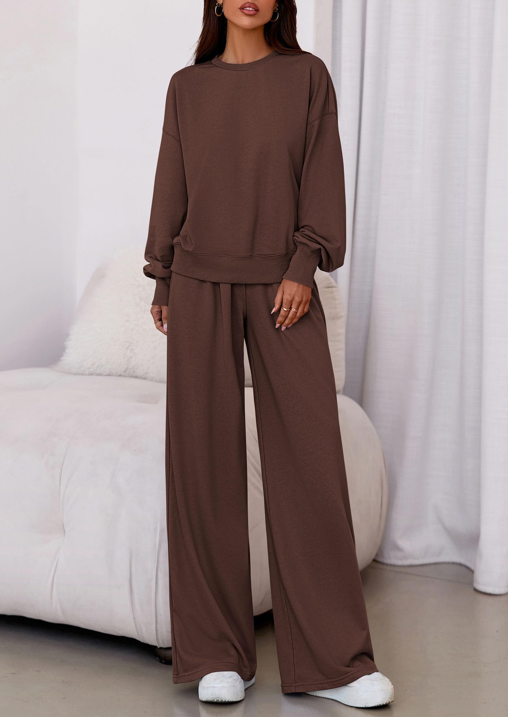 Womens 2 Piece Sets Long Sleeve Sweatshirt Wide Leg Pants Loose Matching Lounge Set Trendy Fall Outfits