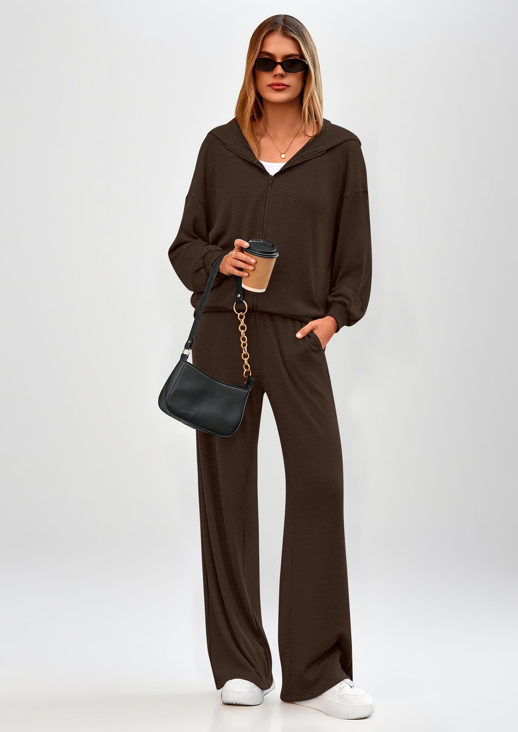 Women's 2 Piece Fall Lounge Sets Zip Up Hoodie Wide Leg Pants Tracksuit Matching Travel Outfits Clothes